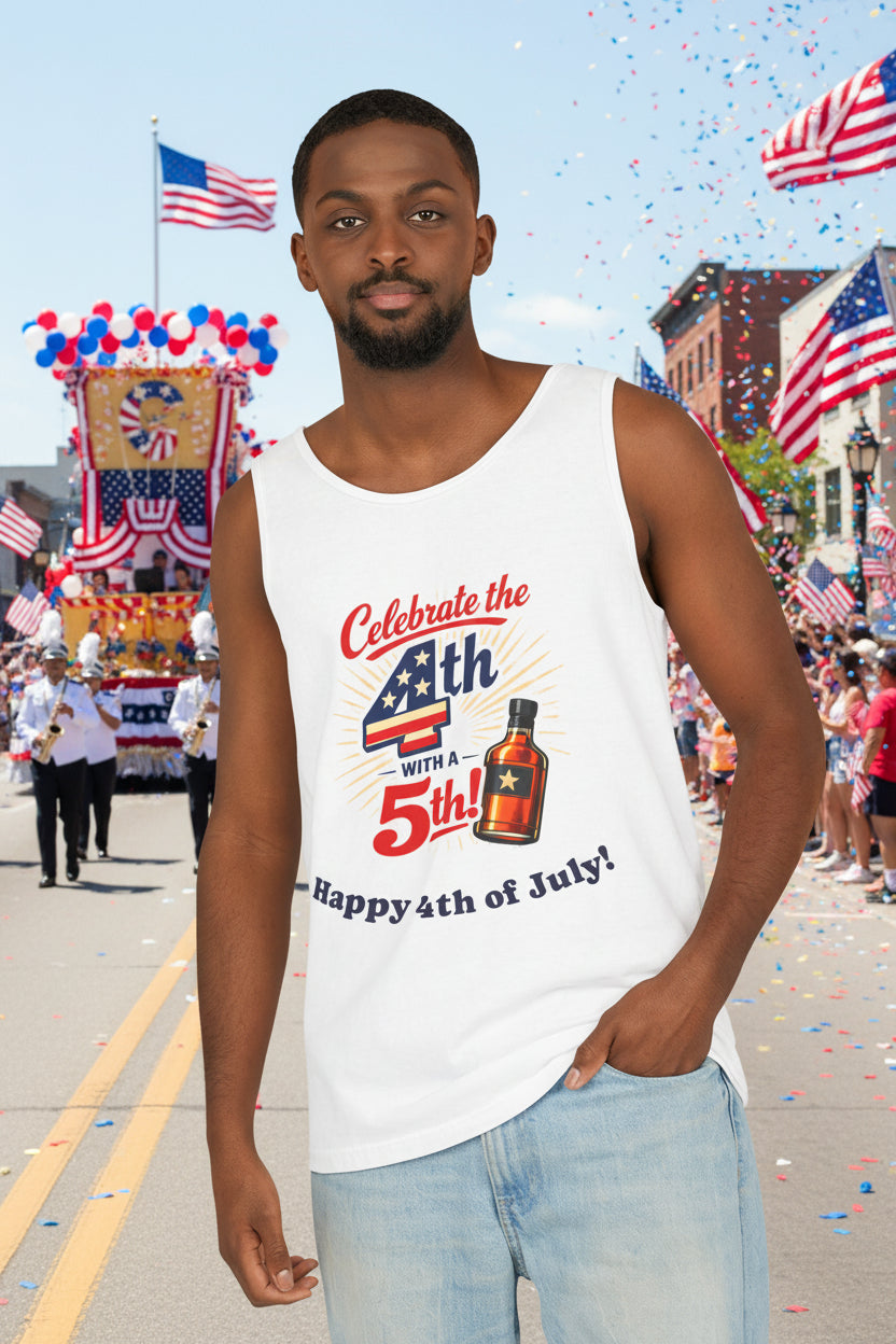 Wear a white tank top with 4th of July text and bottle graphic to celebrate