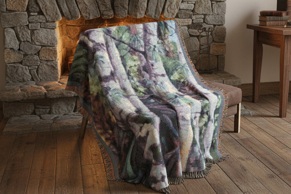 Nature-themed blanket with a white birch forest and fringed edges in 3 sizes