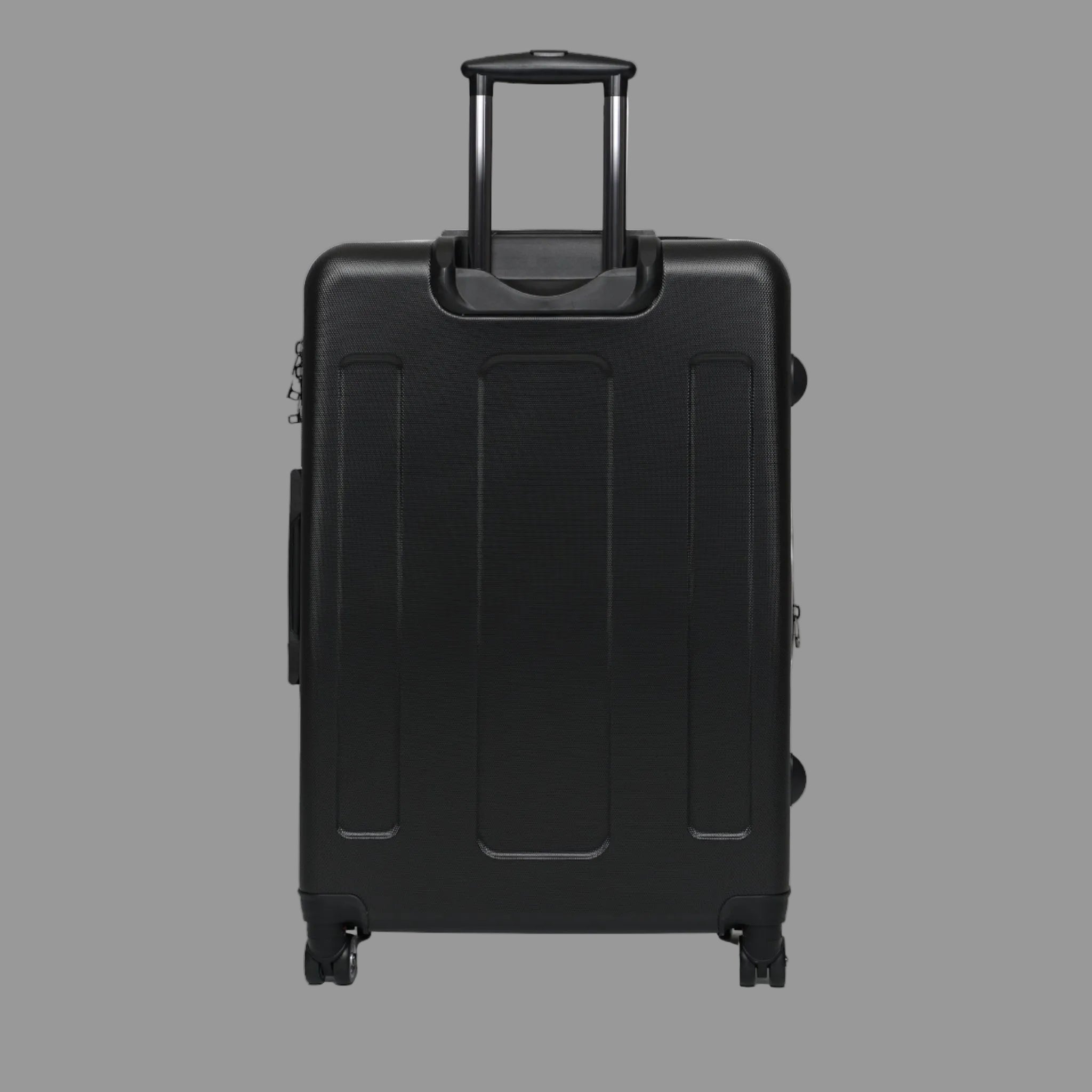 Black back of red orange suitcase with 360 swivel wheels - durable, scratch resistant