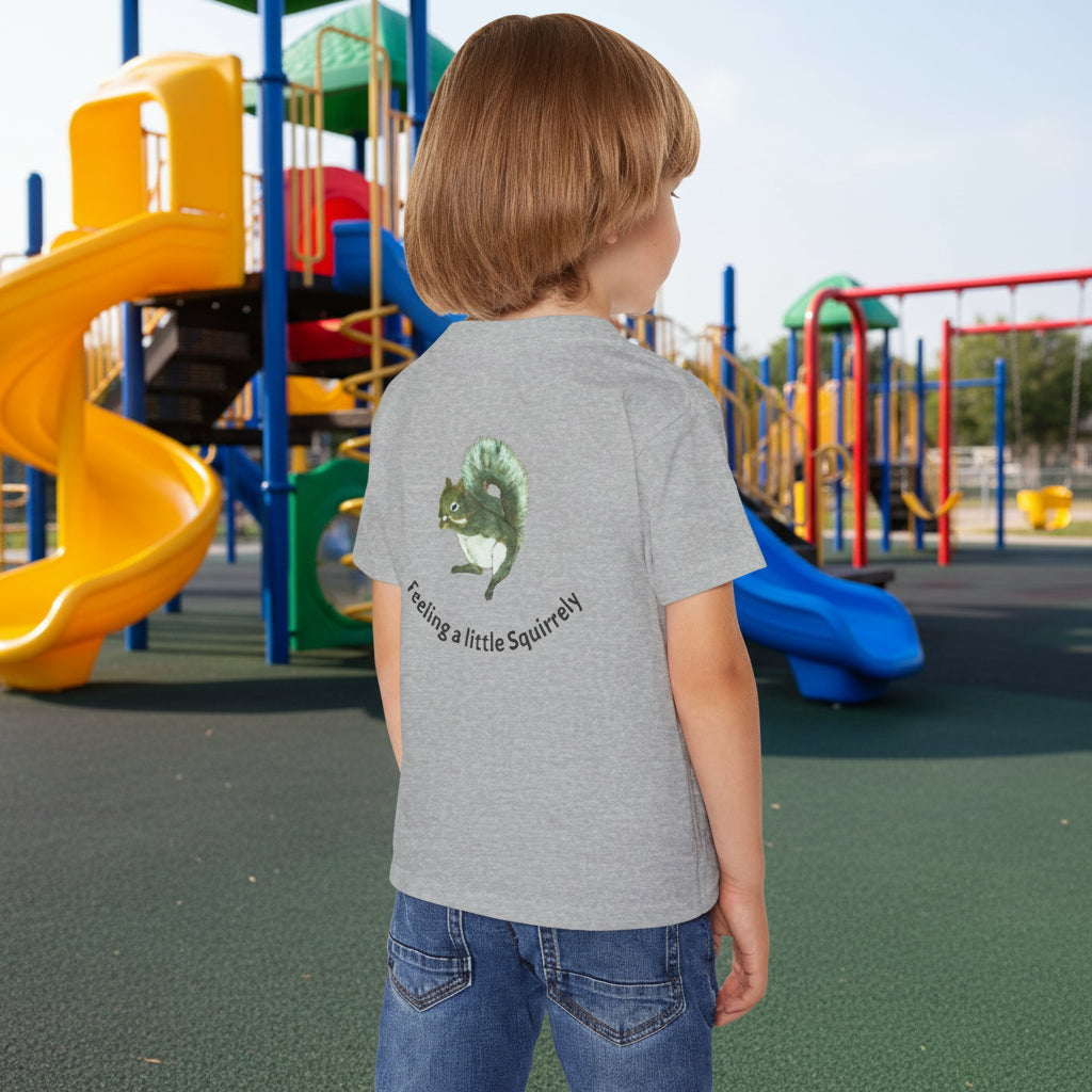 Sport gray t-shirt, viewed from the back with squirrel graphic and the text 'Feeling a little Squirrely'