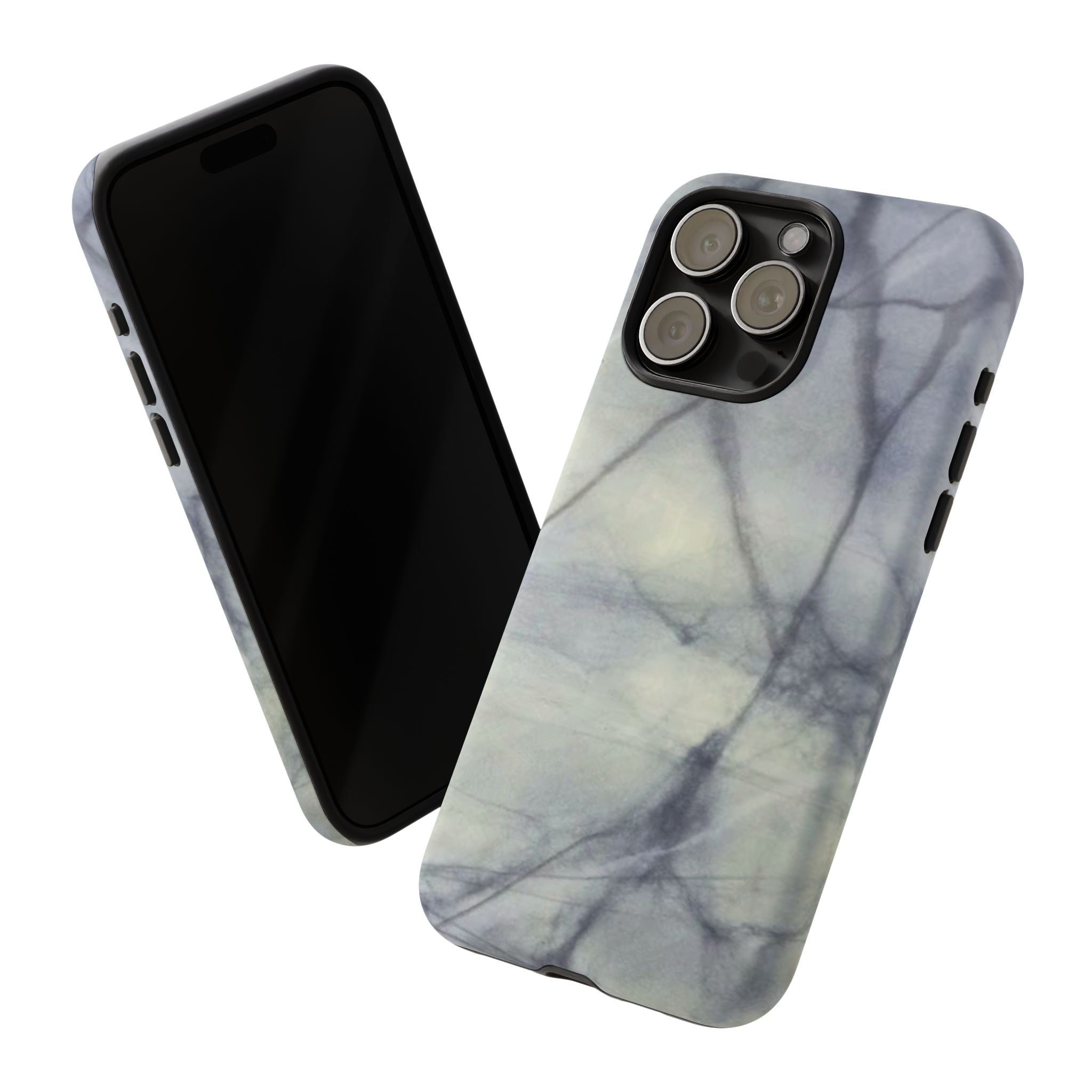 Phone case in impressive grey marble design with shock absorbing dual layer shell and UV resistance in 3D wrap