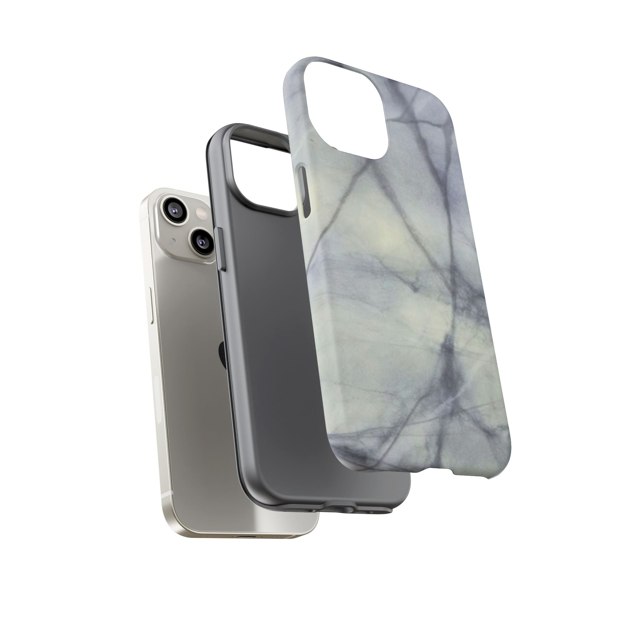 Phone case in impressive grey marble design with shock absorbing dual layer shell and UV resistance in 3D wrap