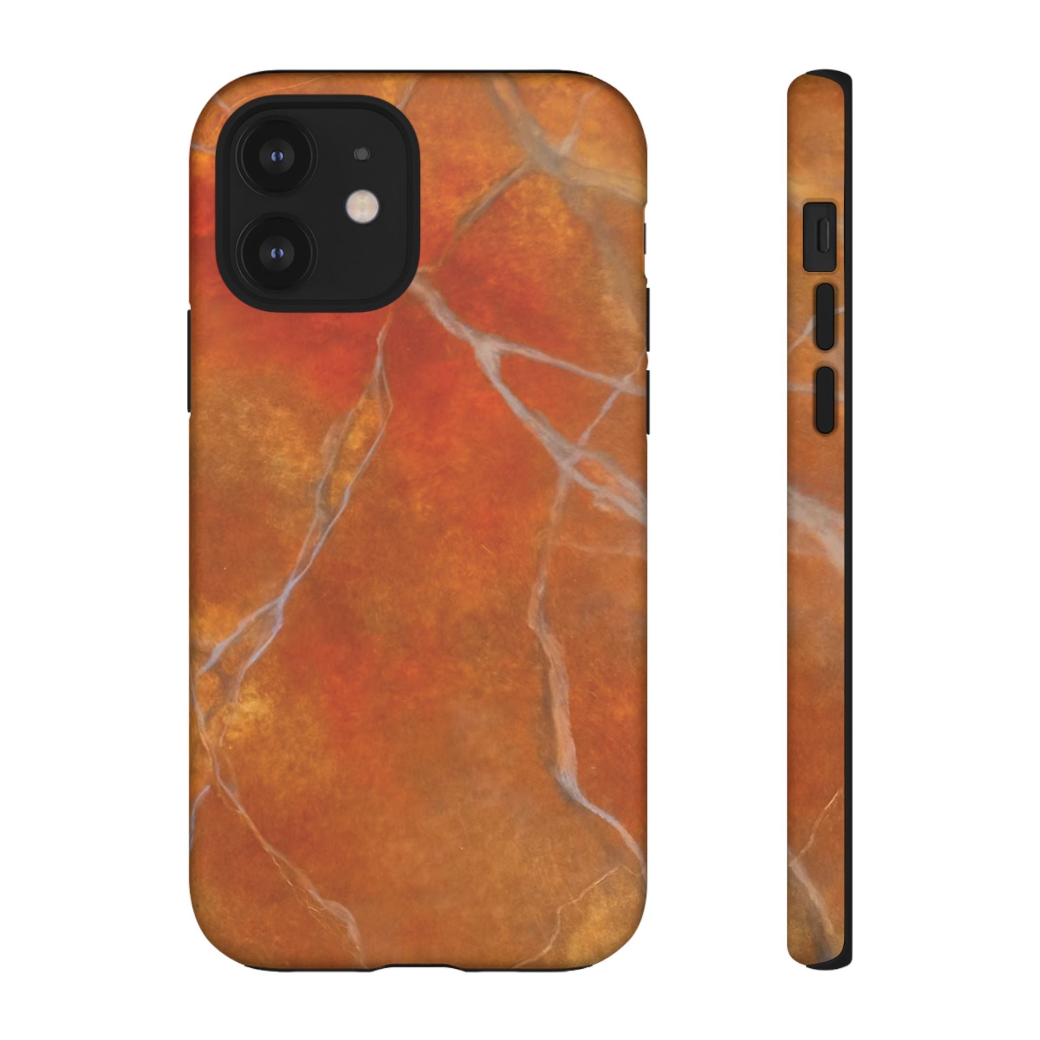 Phone case in sophisticated red orange marble design that is impact resistant tough in glossy or matte finish