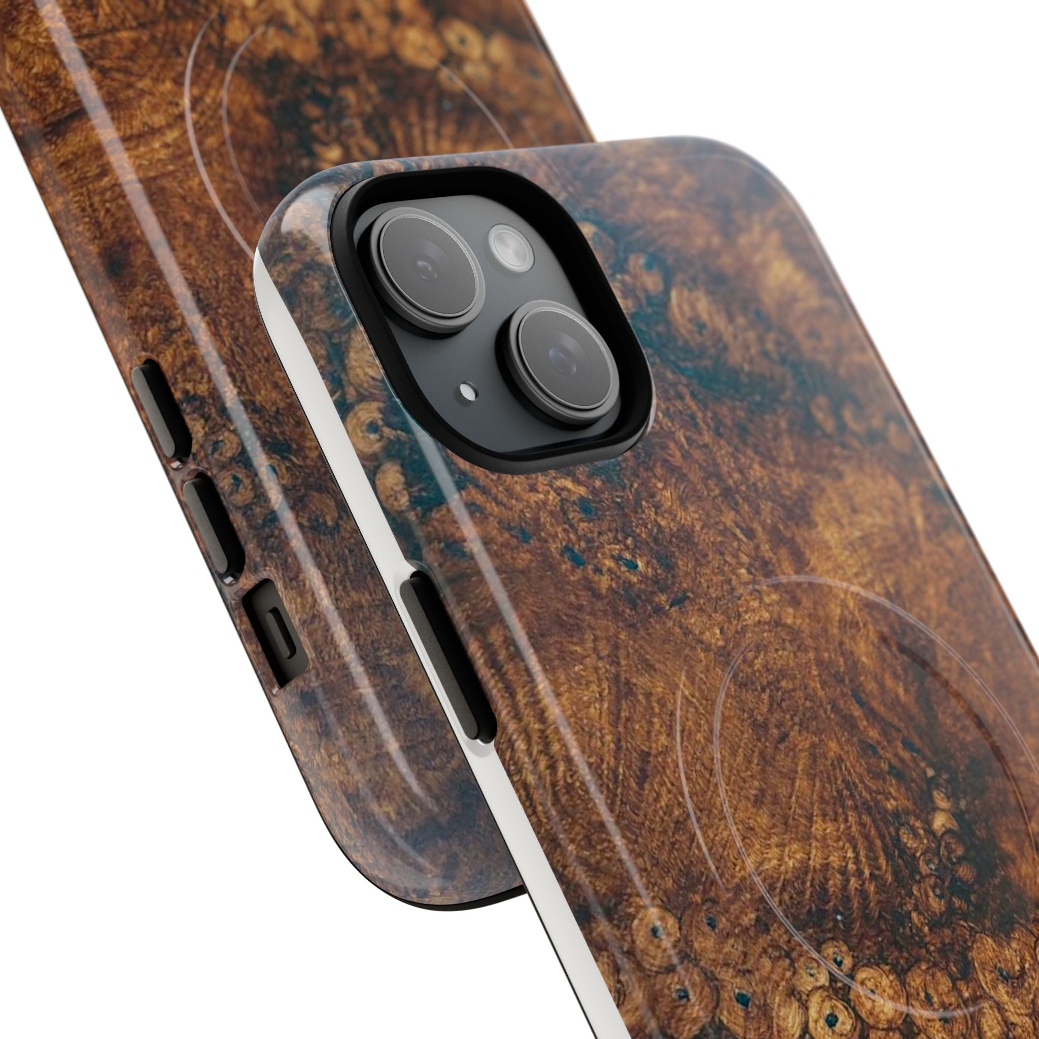 Magnetic iphone case with a natural Burl Wood Design compatible with MagSafe accessories in tough Dual Layer Shell