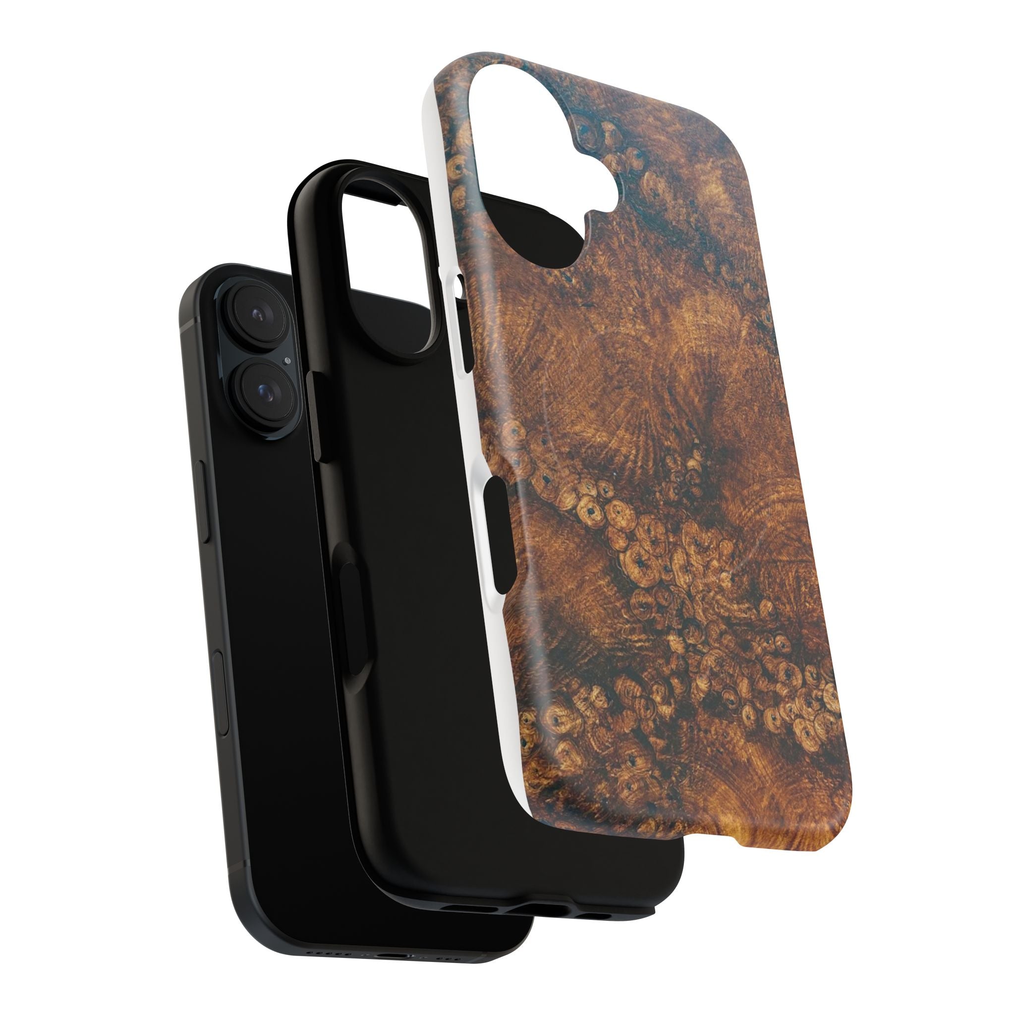 Magnetic iphone case with a natural Burl Wood Design compatible with MagSafe accessories in tough Dual Layer Shell
