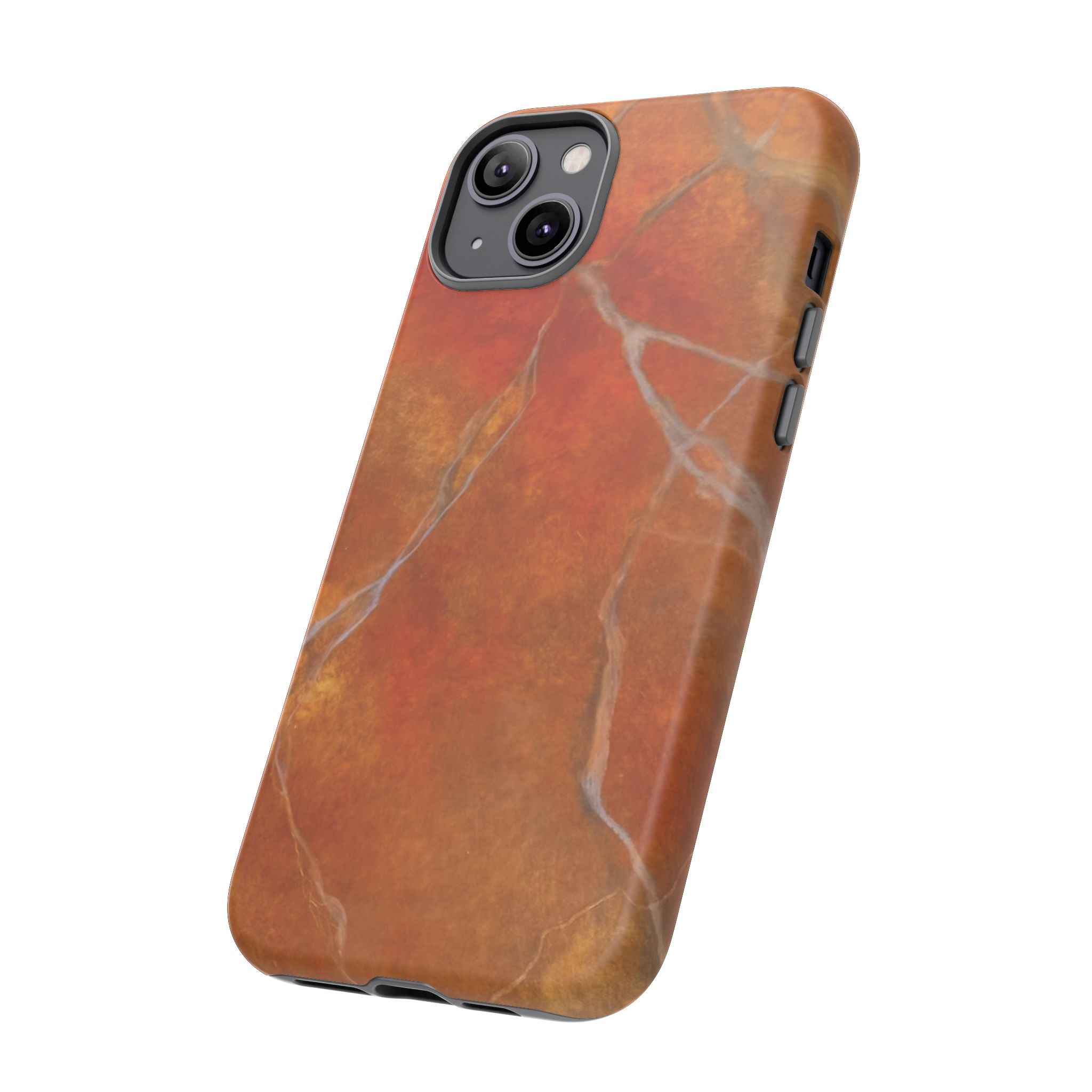 Phone case in sophisticated red orange marble design that is impact resistant tough in glossy or matte finish