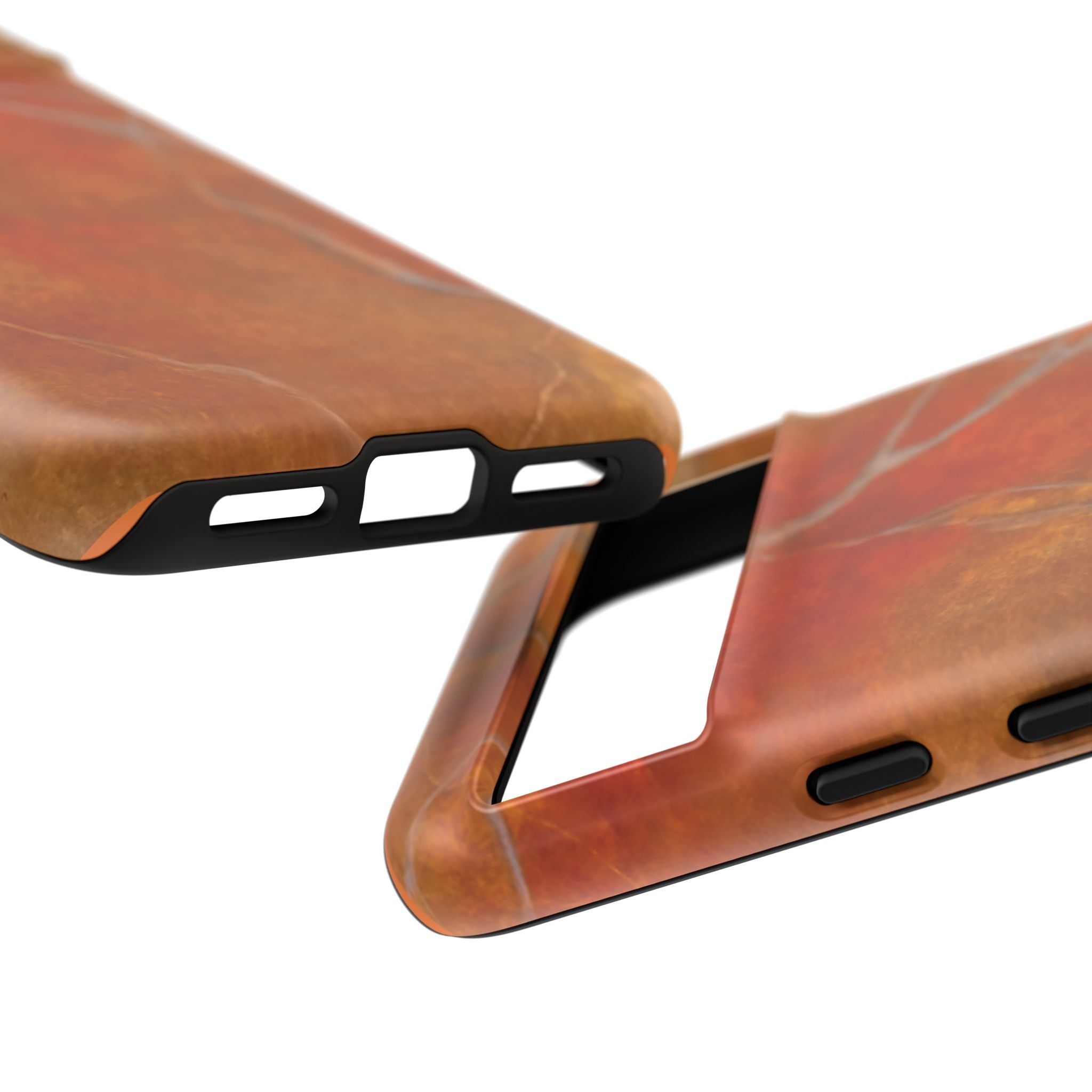 Phone case in sophisticated red orange marble design that is impact resistant tough in glossy or matte finish
