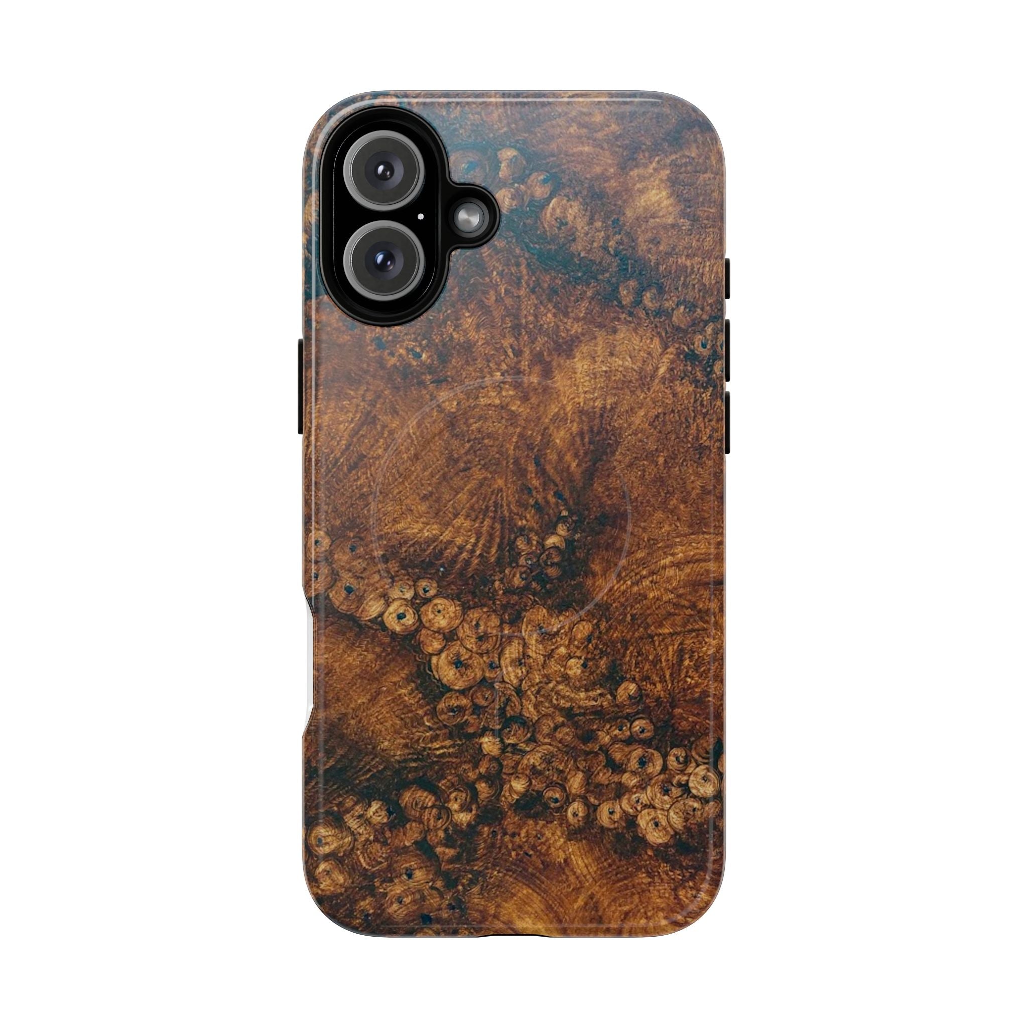 Magnetic iphone case with a natural Burl Wood Design compatible with MagSafe accessories in tough Dual Layer Shell