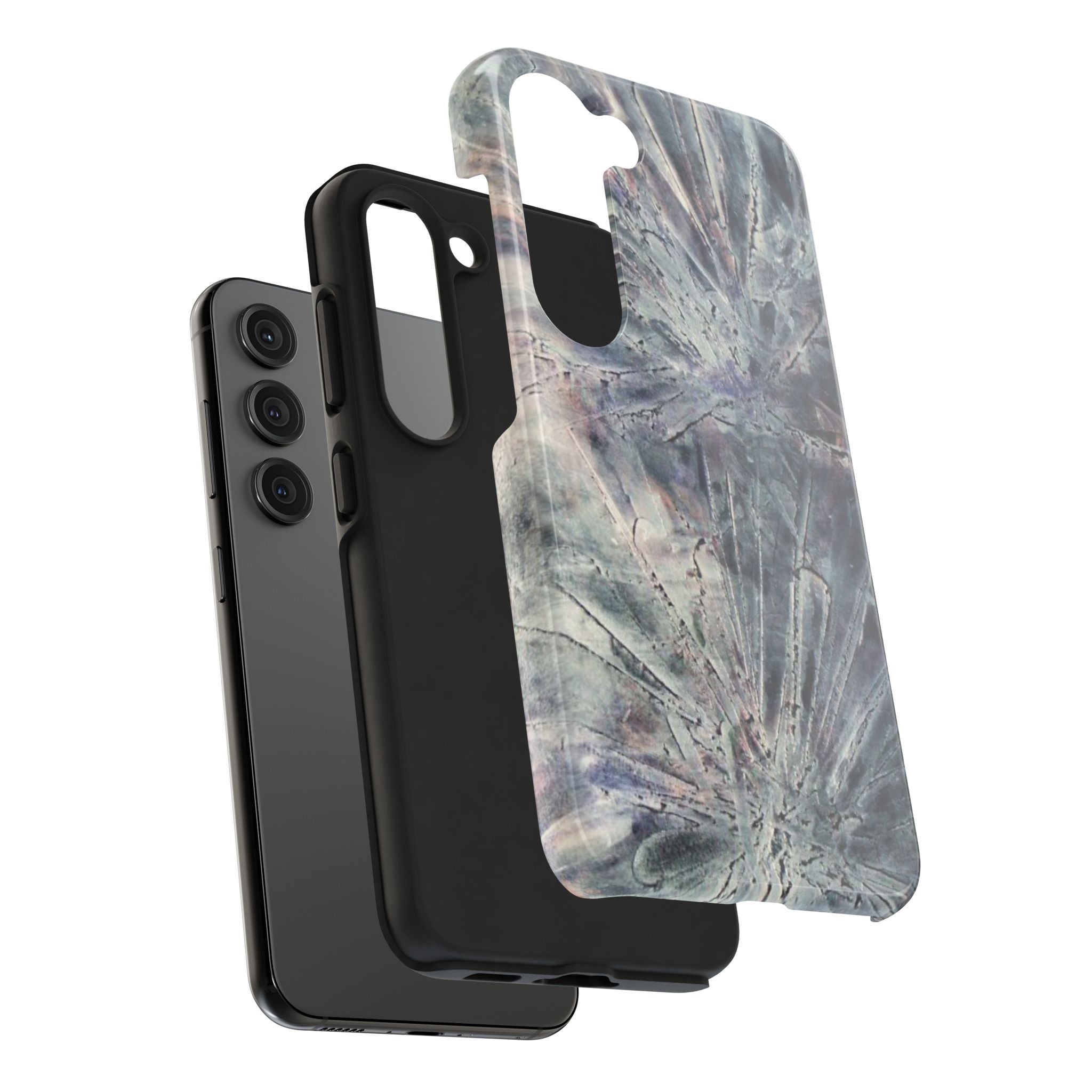Phone case in abstract bursts of silver crystal design with rubber lining for strong impact and UV protection