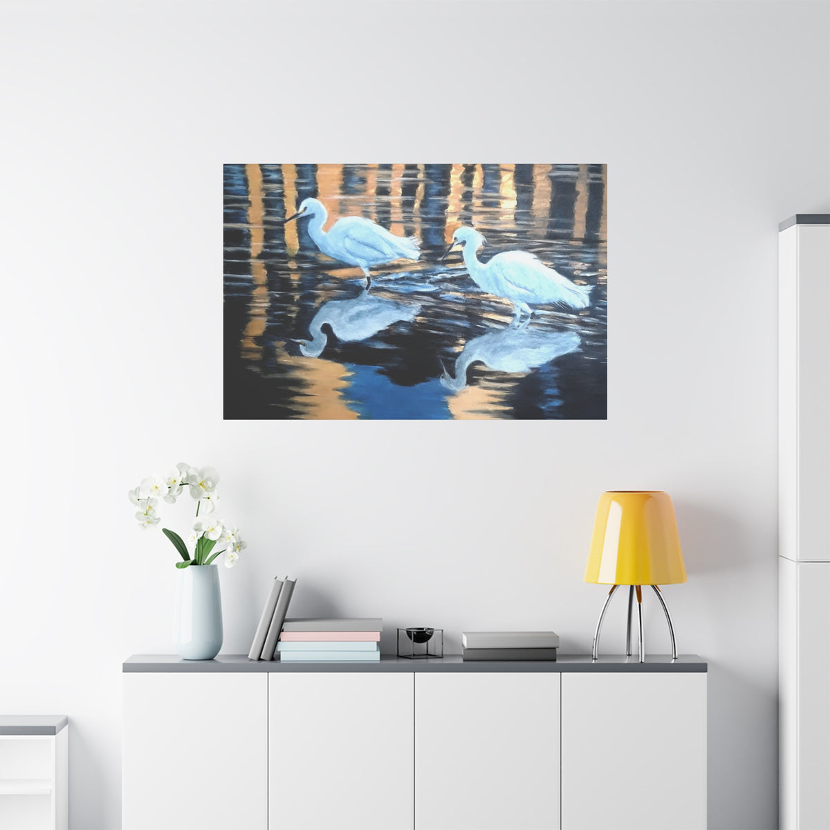 Canvas Wall Art – Reflected Egrets at Dusk