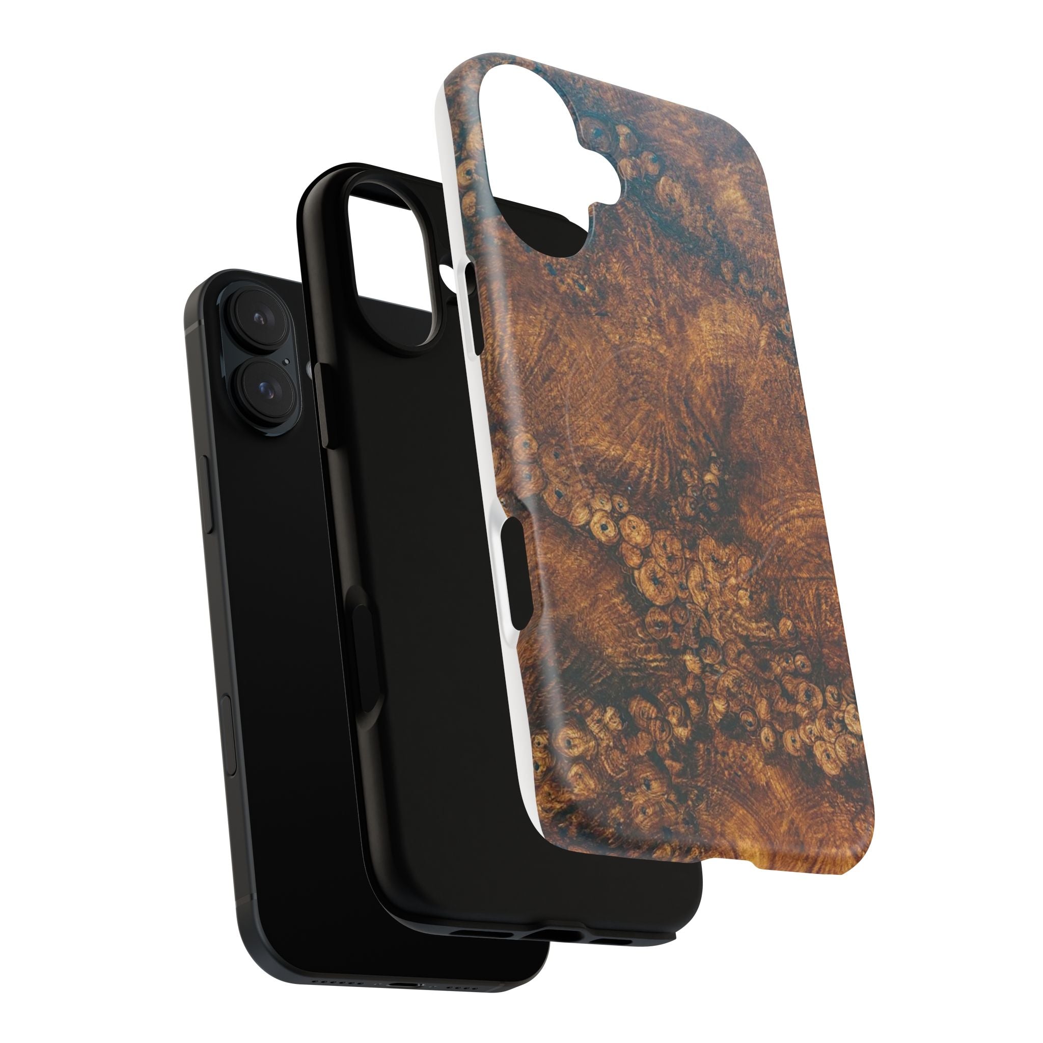 Magnetic iphone case with a natural Burl Wood Design compatible with MagSafe accessories in tough Dual Layer Shell
