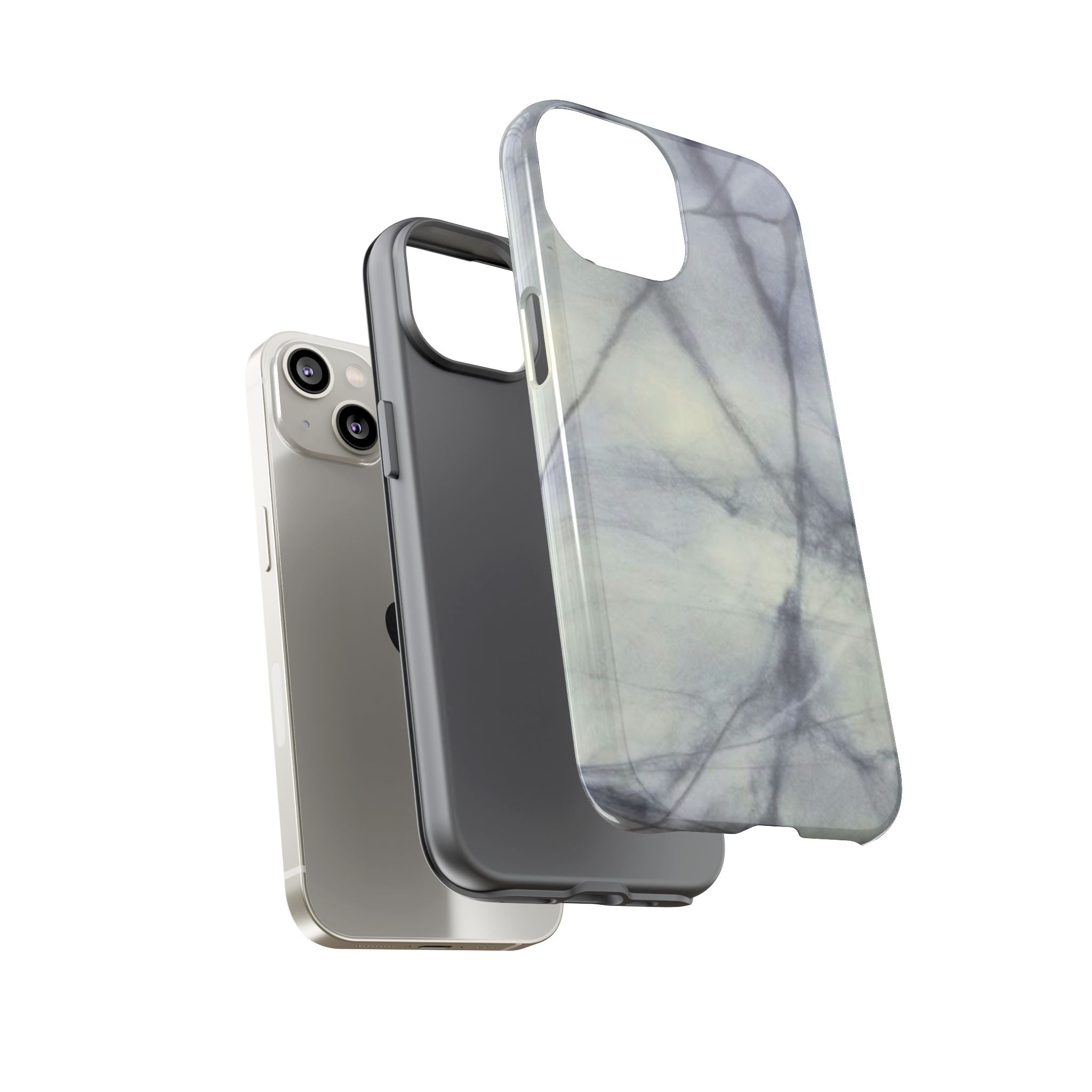 Phone case in impressive grey marble design with shock absorbing dual layer shell and UV resistance in 3D wrap