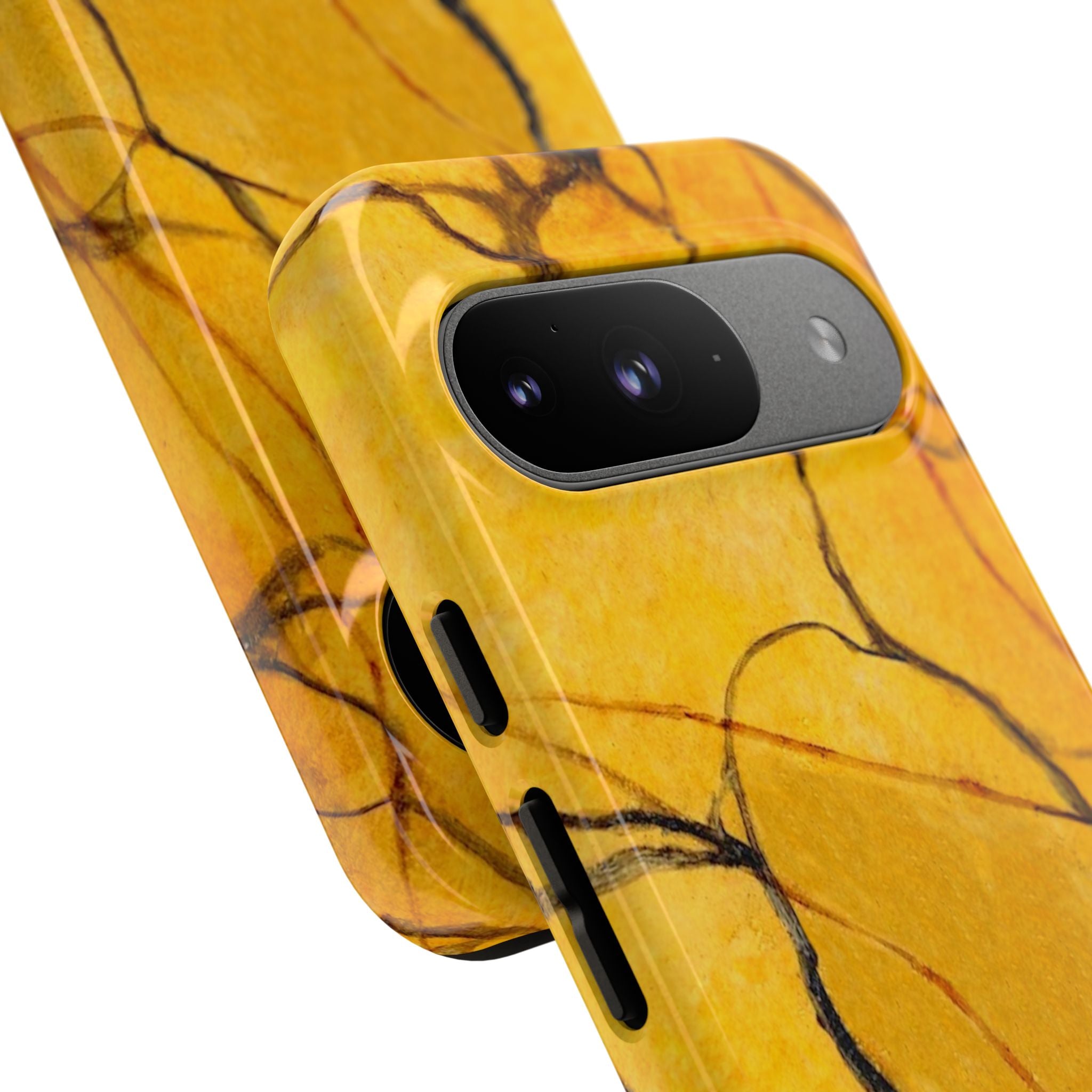 phone case in eye catching gold marble design in glossy or matte finish with silicone lining and hard shell for impact and UV resistance