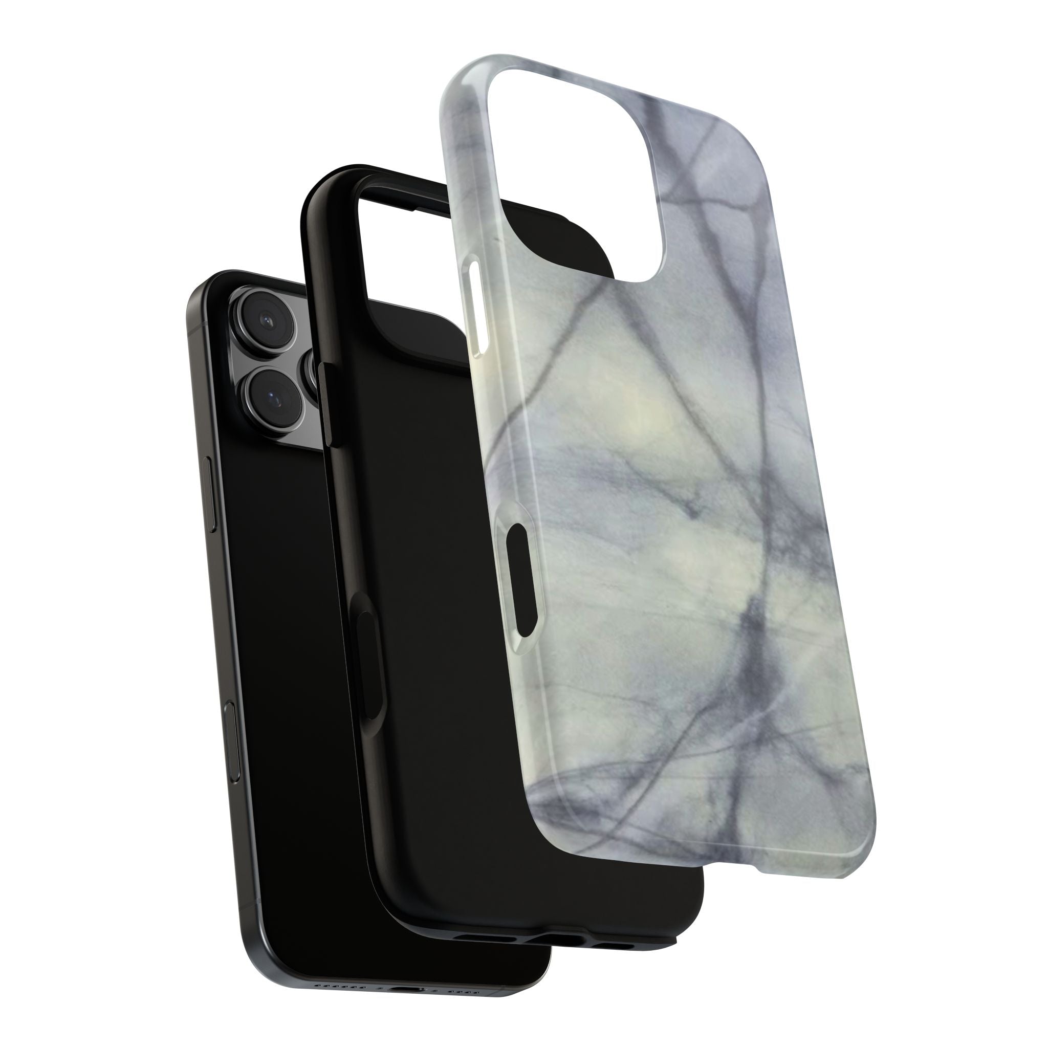 Phone case in impressive grey marble design with shock absorbing dual layer shell and UV resistance in 3D wrap
