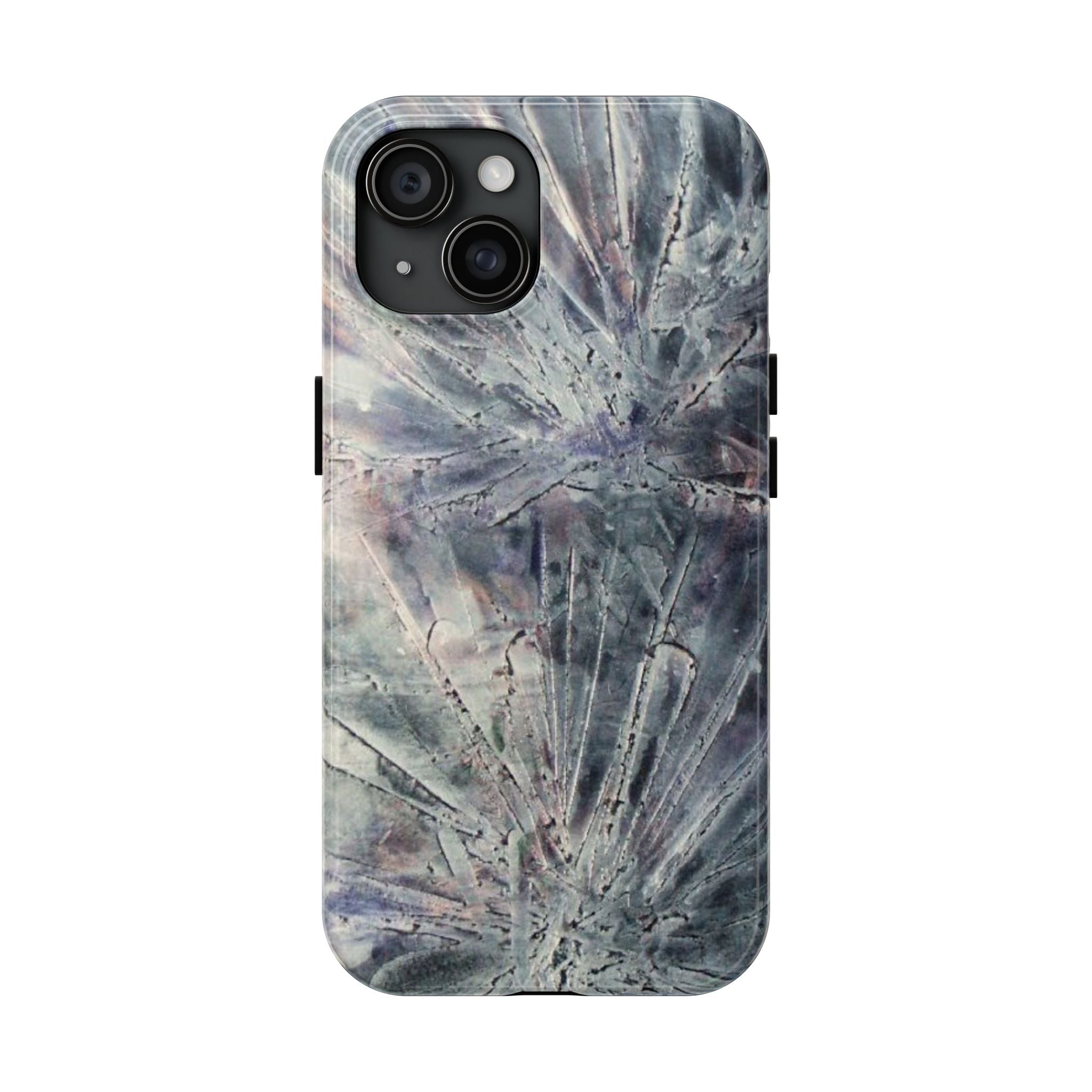 Phone case in abstract bursts of silver crystal design with rubber lining for strong impact and UV protection