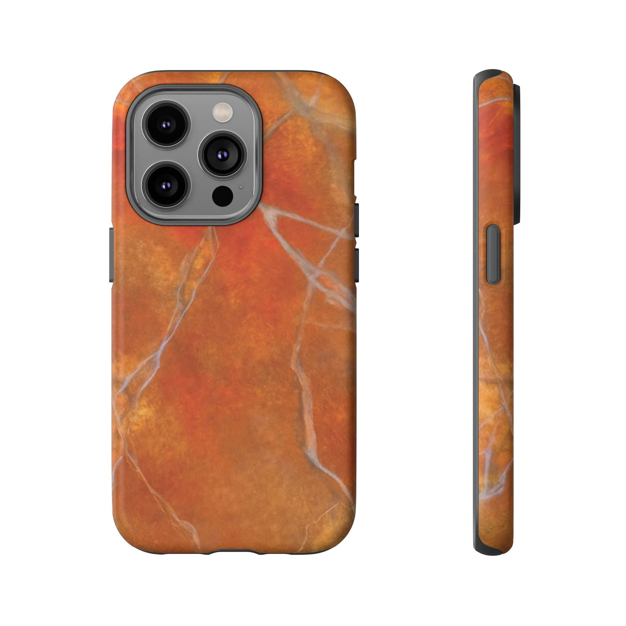 Phone case in sophisticated red orange marble design that is impact resistant tough in glossy or matte finish