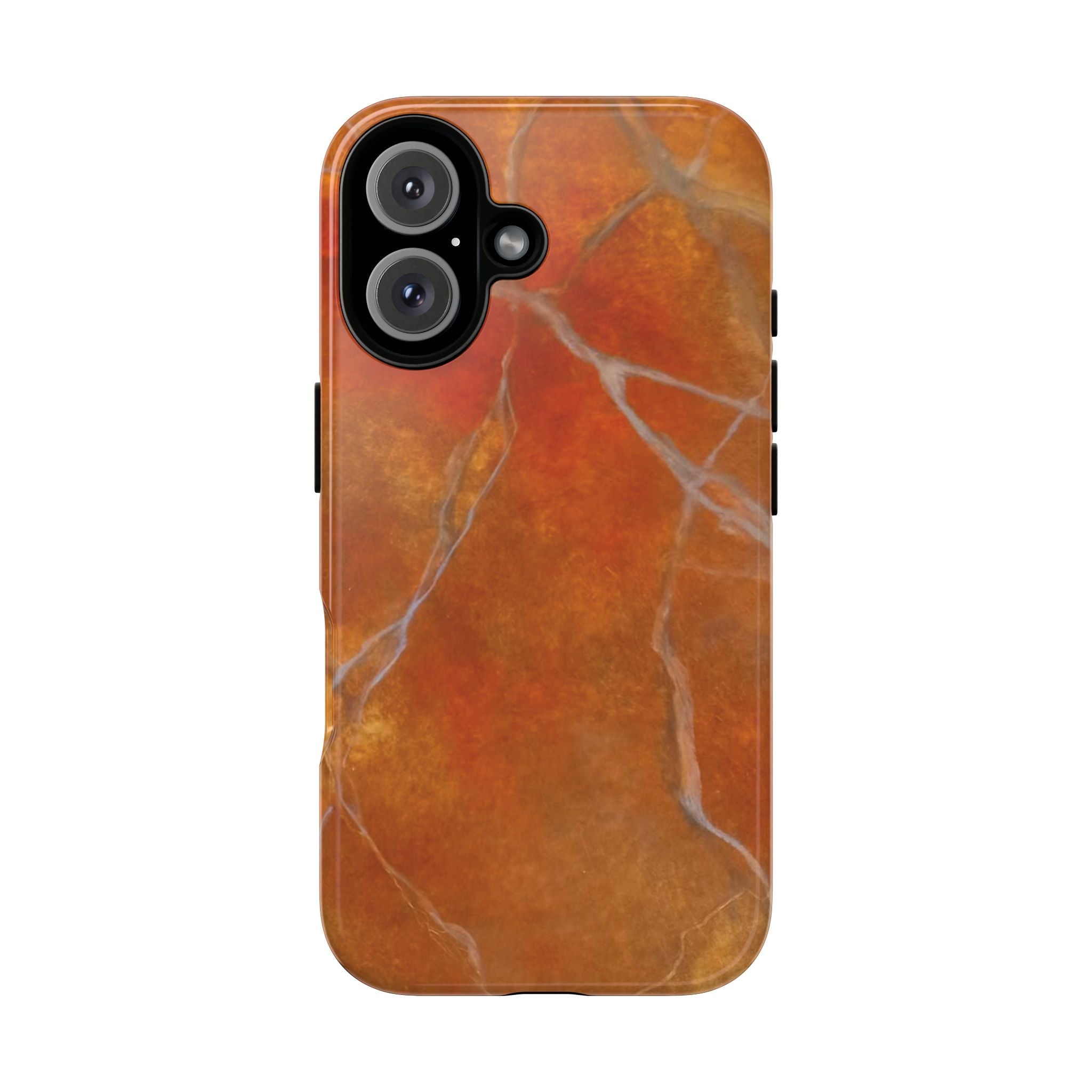 Phone case in sophisticated red orange marble design that is impact resistant tough in glossy or matte finish