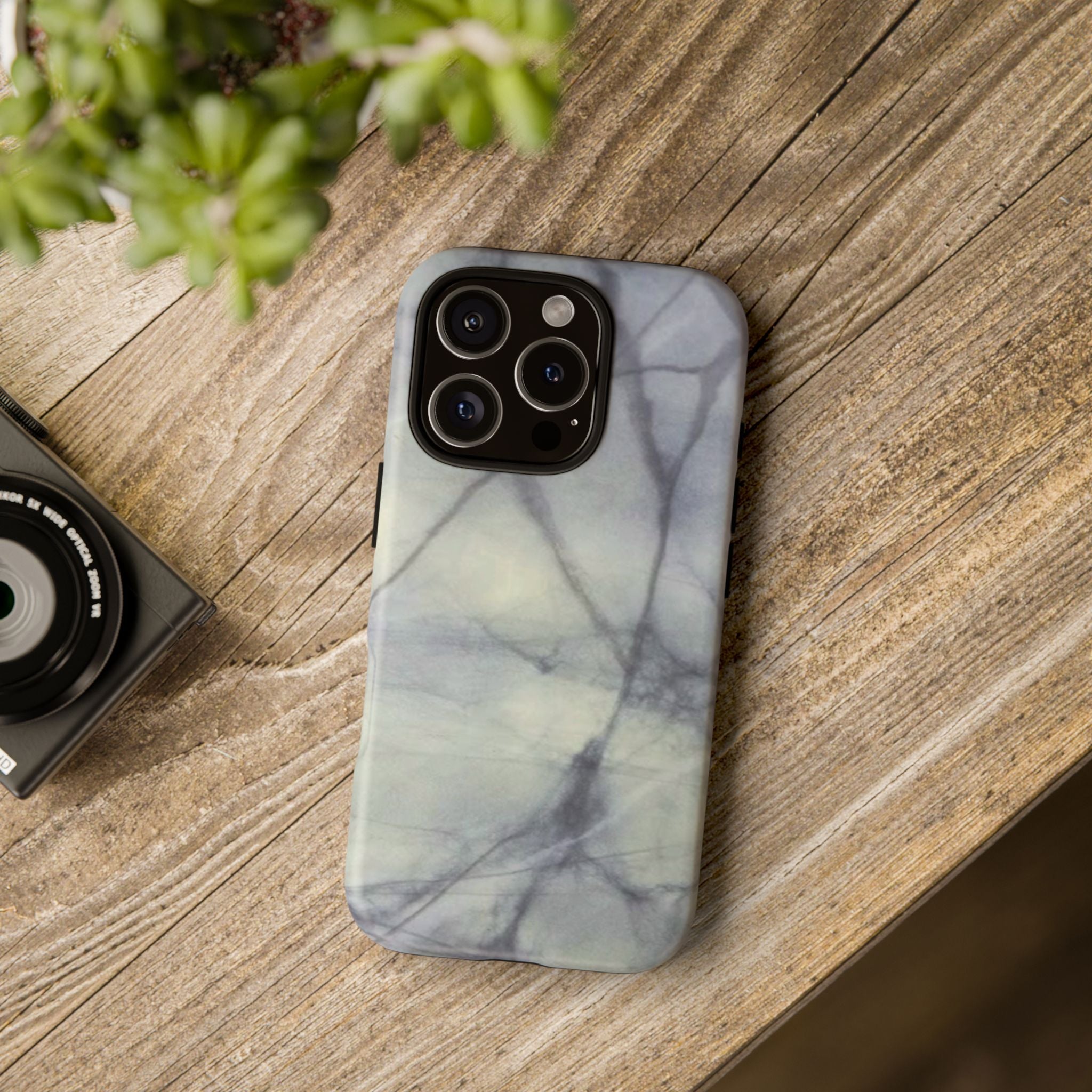 Phone case in impressive grey marble design with shock absorbing dual layer shell and UV resistance in 3D wrap