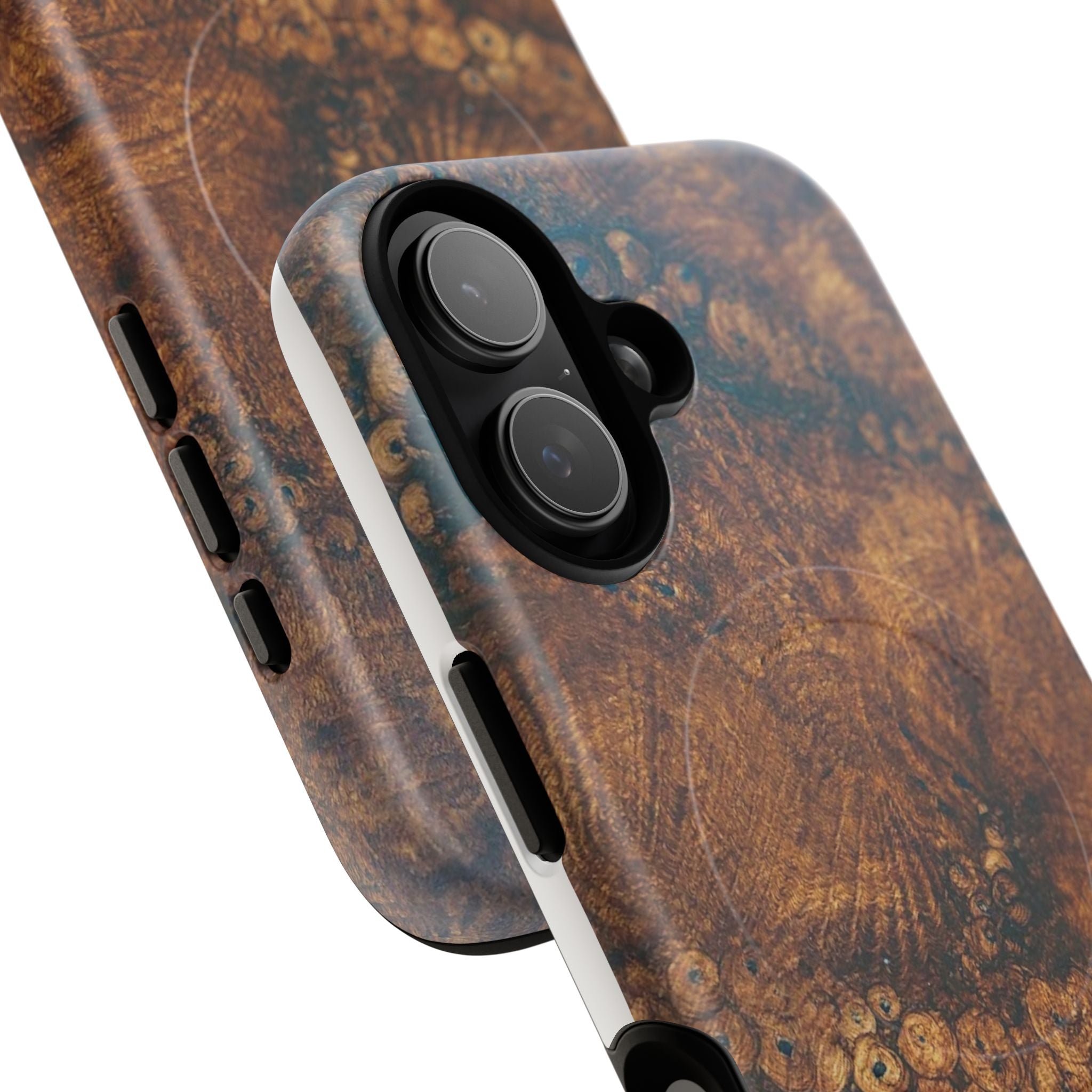 Magnetic iphone case with a natural Burl Wood Design compatible with MagSafe accessories in tough Dual Layer Shell