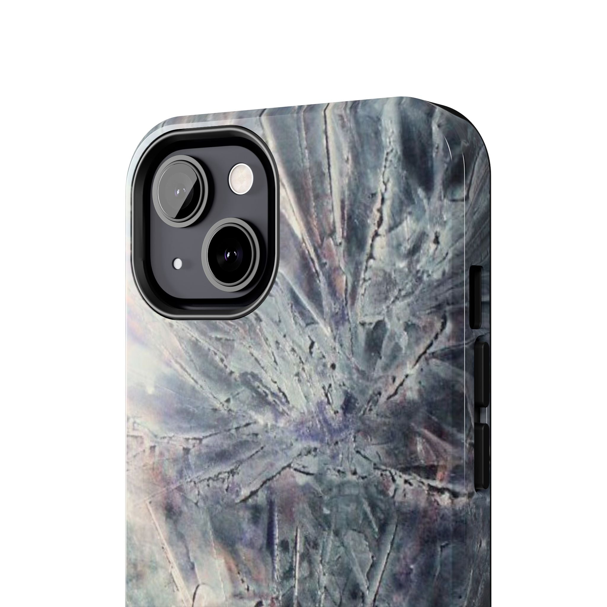Phone case in abstract bursts of silver crystal design with rubber lining for strong impact and UV protection