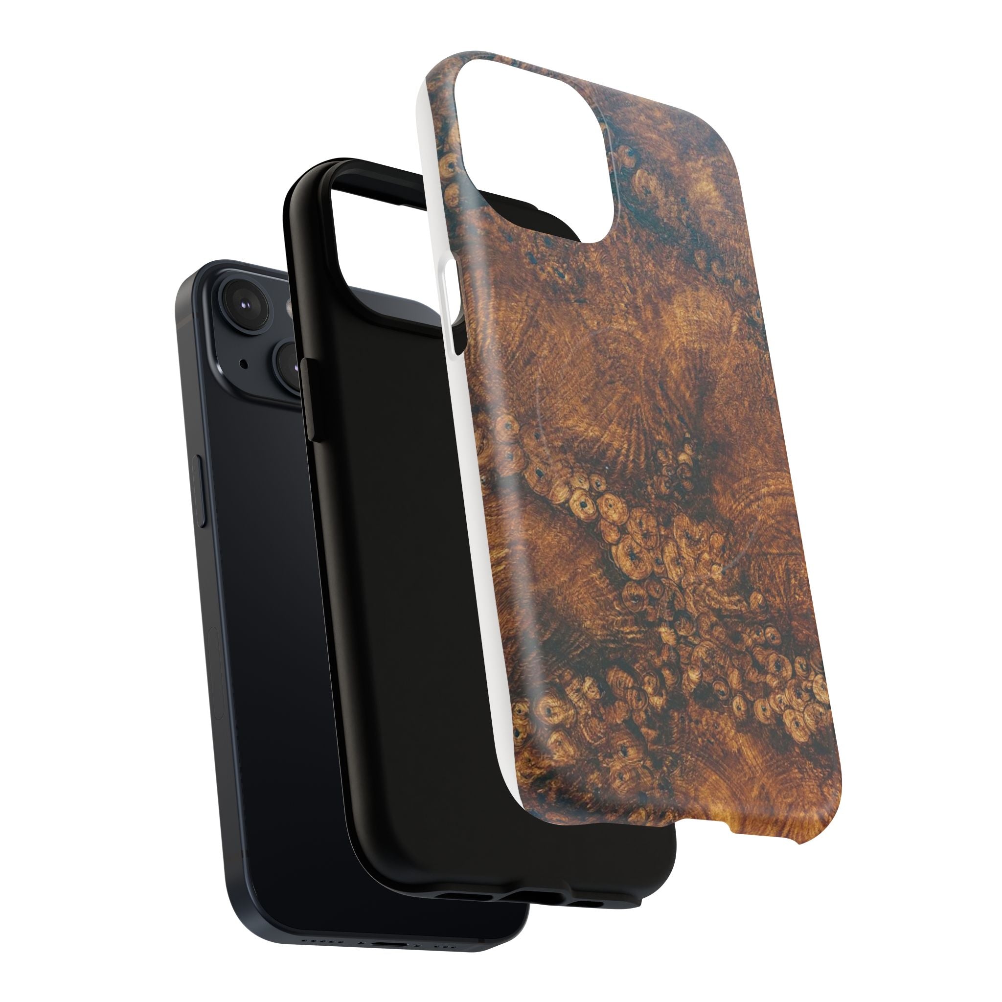 Magnetic iphone case with a natural Burl Wood Design compatible with MagSafe accessories in tough Dual Layer Shell