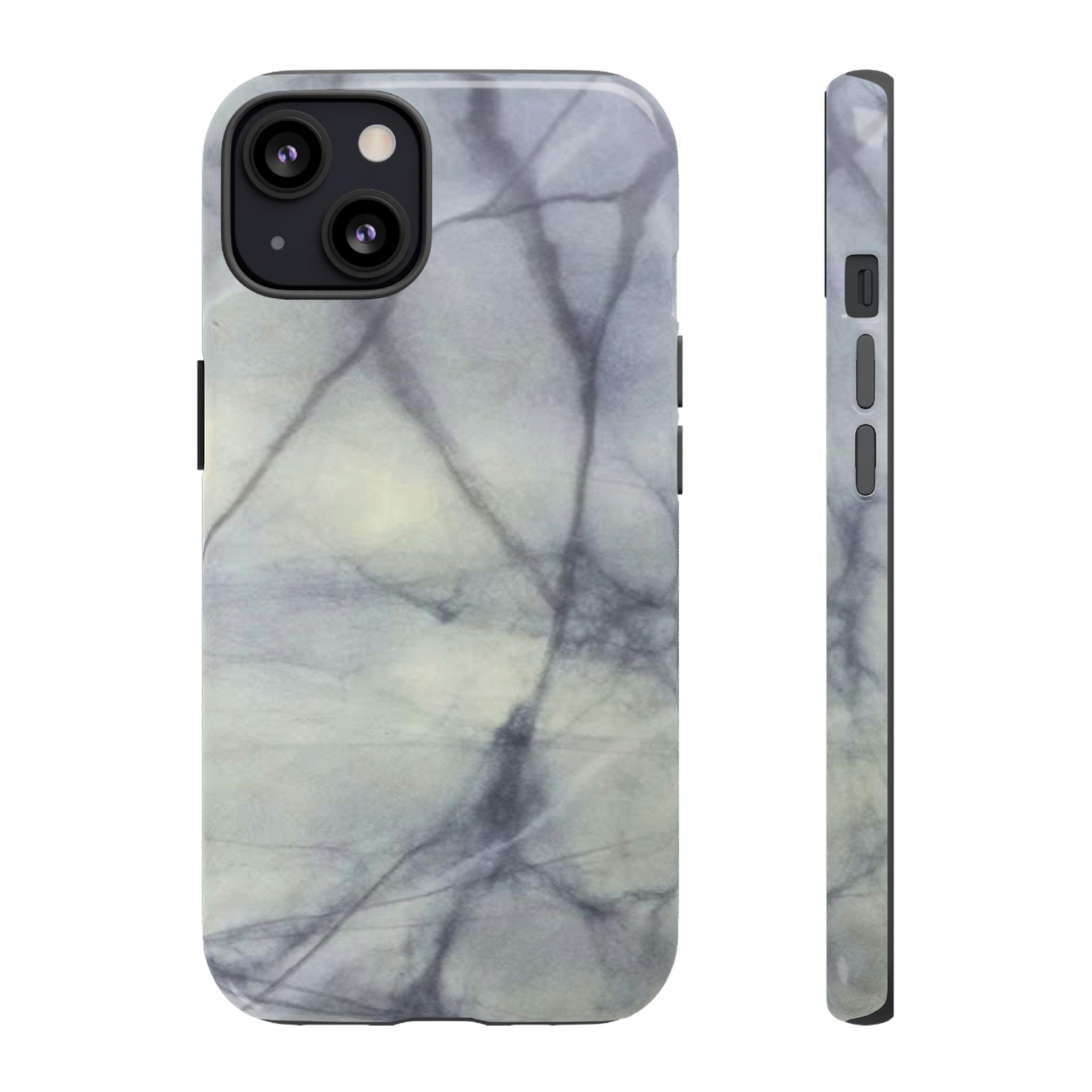 Phone case in impressive grey marble design with shock absorbing dual layer shell and UV resistance in 3D wrap