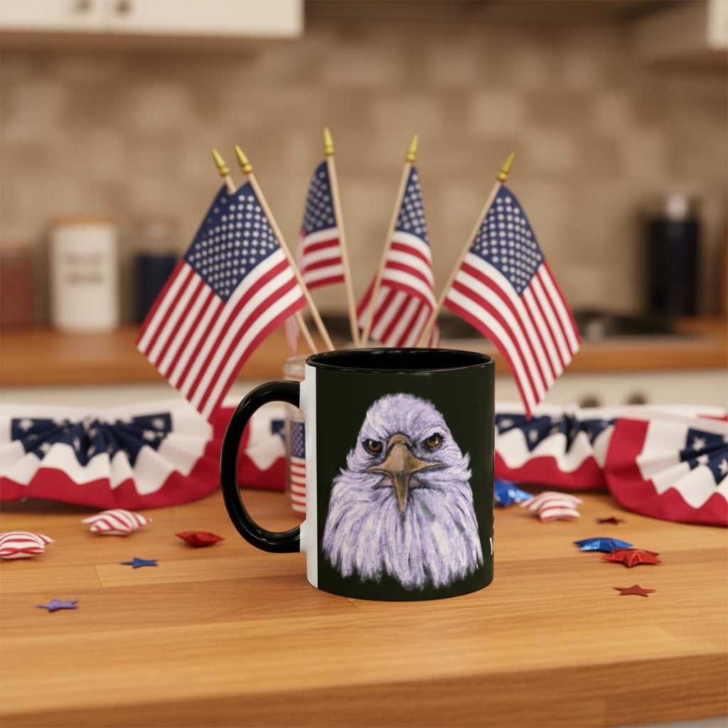 Black mug with a bald eagle painted portrait for USA Anniversary 250 yrs