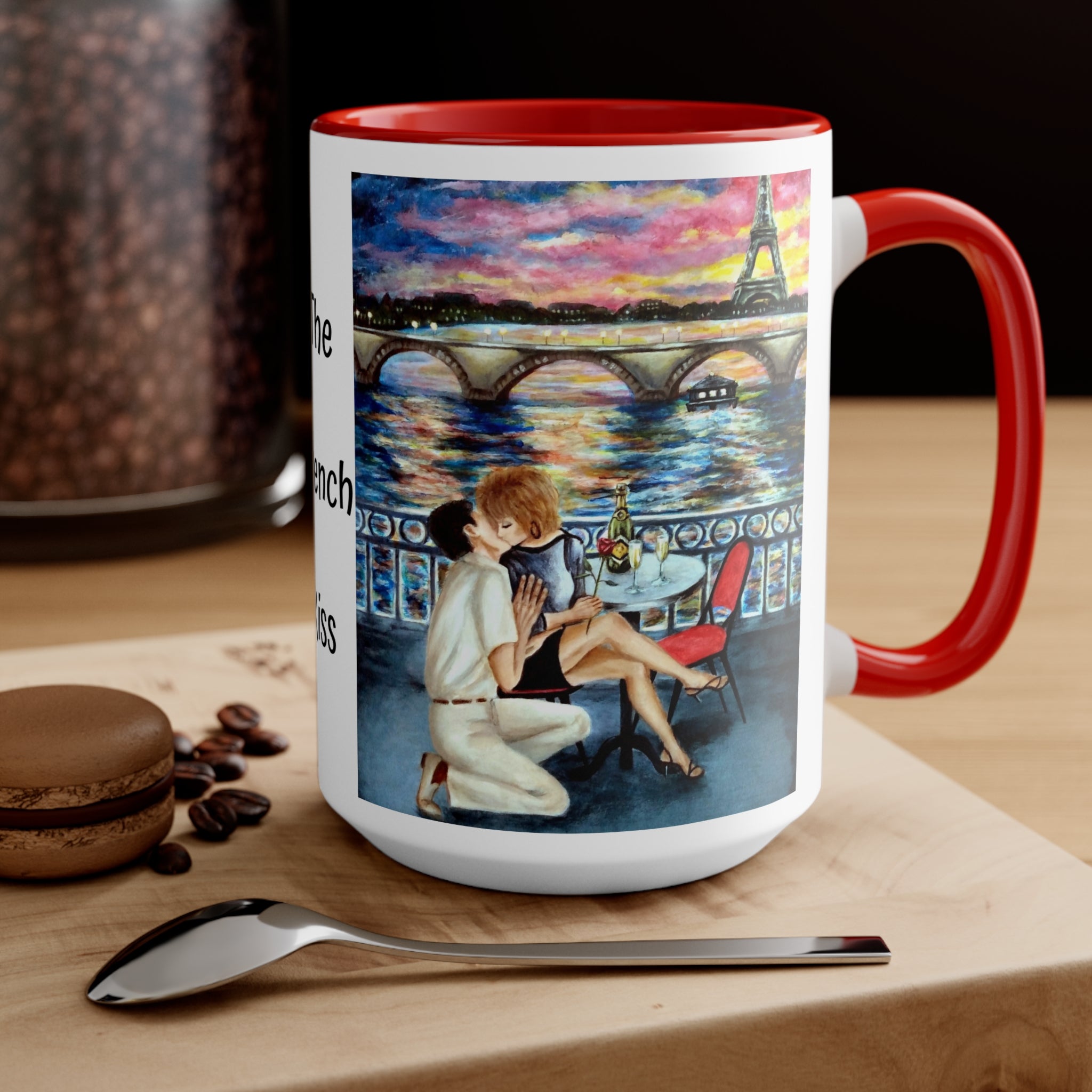 Mug with artistic painting of a Romantic Parisian scene in choice of handle and interior colors and sizes