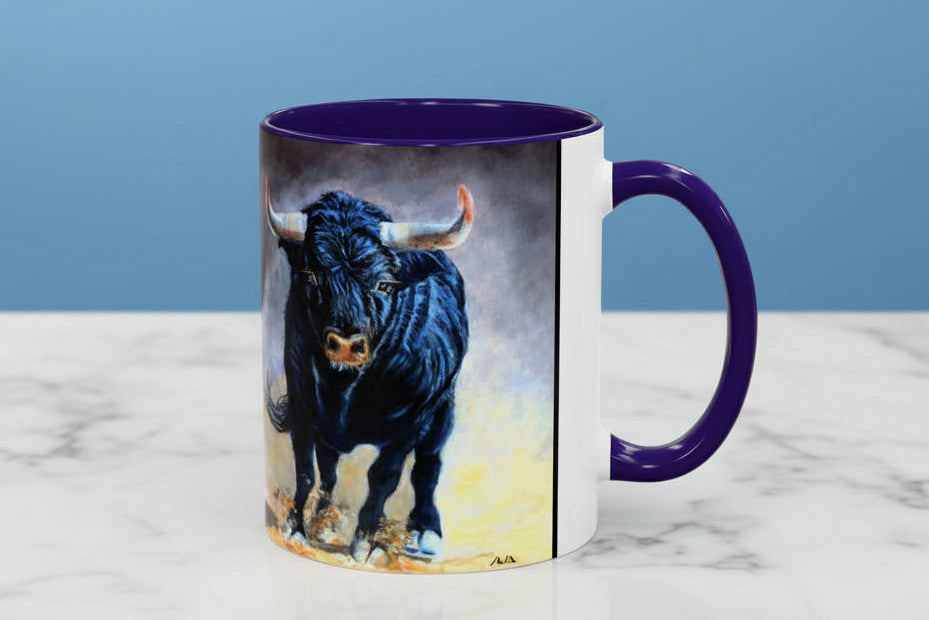 Mug with a painted charging bull design on a 11 oz. size