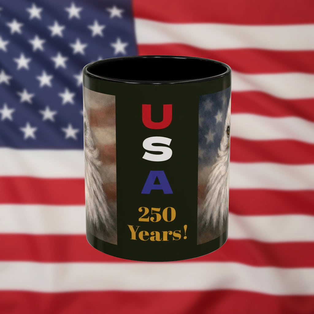 11 oz/15 oz mug with 'USA 250 Years!' text and bald eagles - black accents
