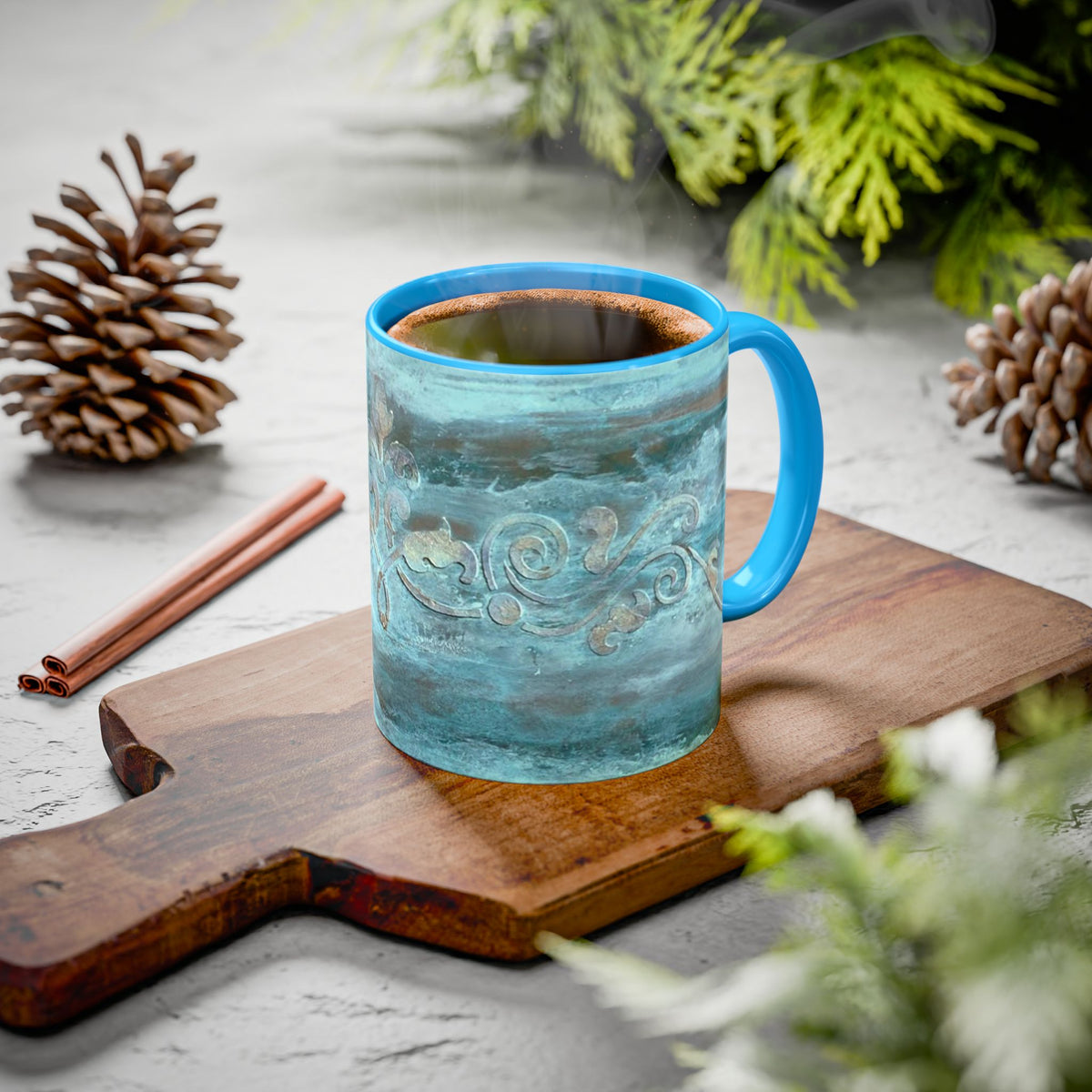 Ceramic 11 oz scrolled abstract mug in turquoise with blue accents