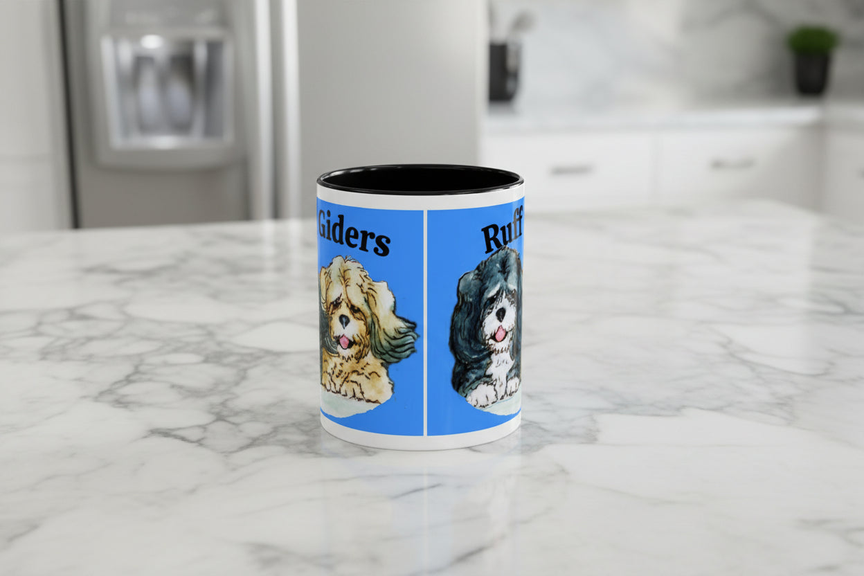 Mug with two dog illustrations on a blue background in 11 oz or 15 oz