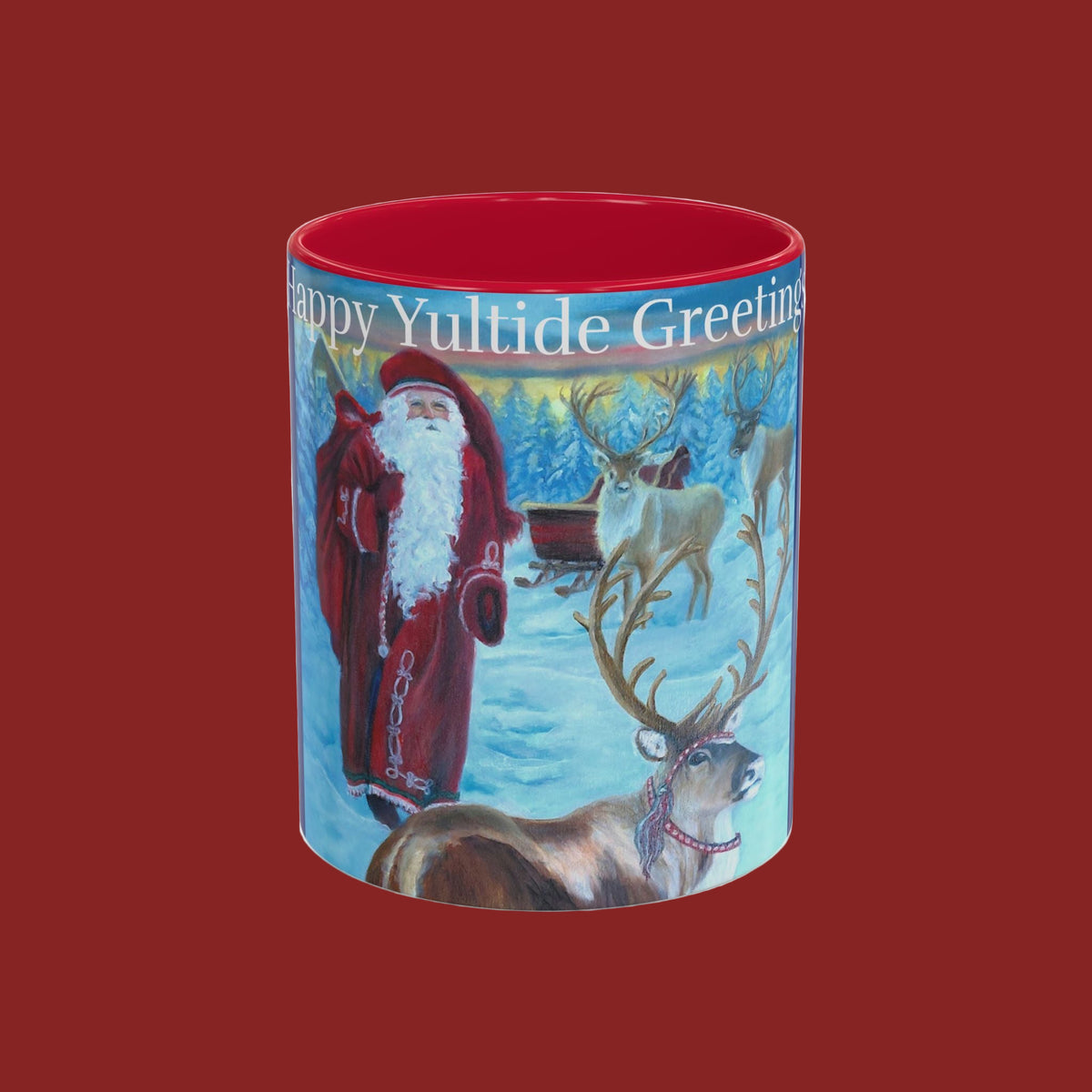 11oz Mug painted with Santa Claus and reindeer featuring 'Happy Yuletide Greetings' with red interior