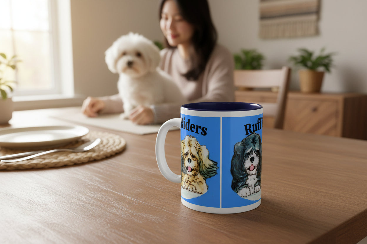 Mug with two dog illustrations on a blue background