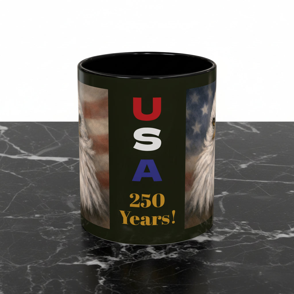 Black mug with 'USA 250 Years!' text and eagle design ...11oz