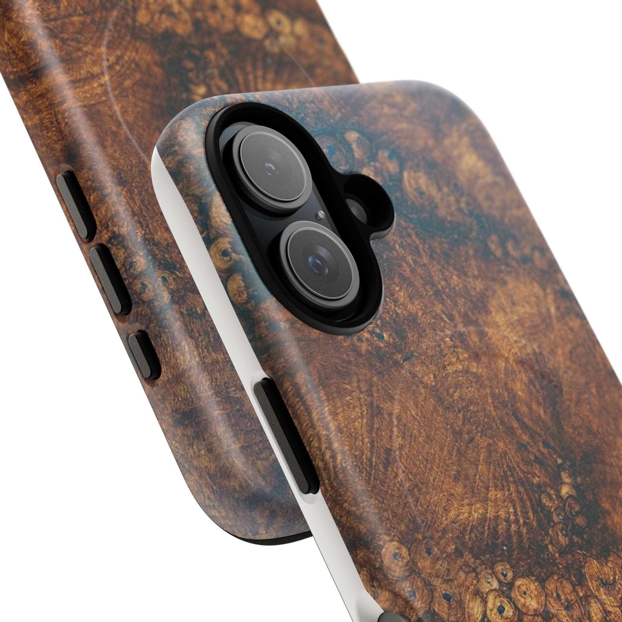 Magnetic iphone case with a natural Burl Wood Design compatible with MagSafe accessories in tough Dual Layer Shell