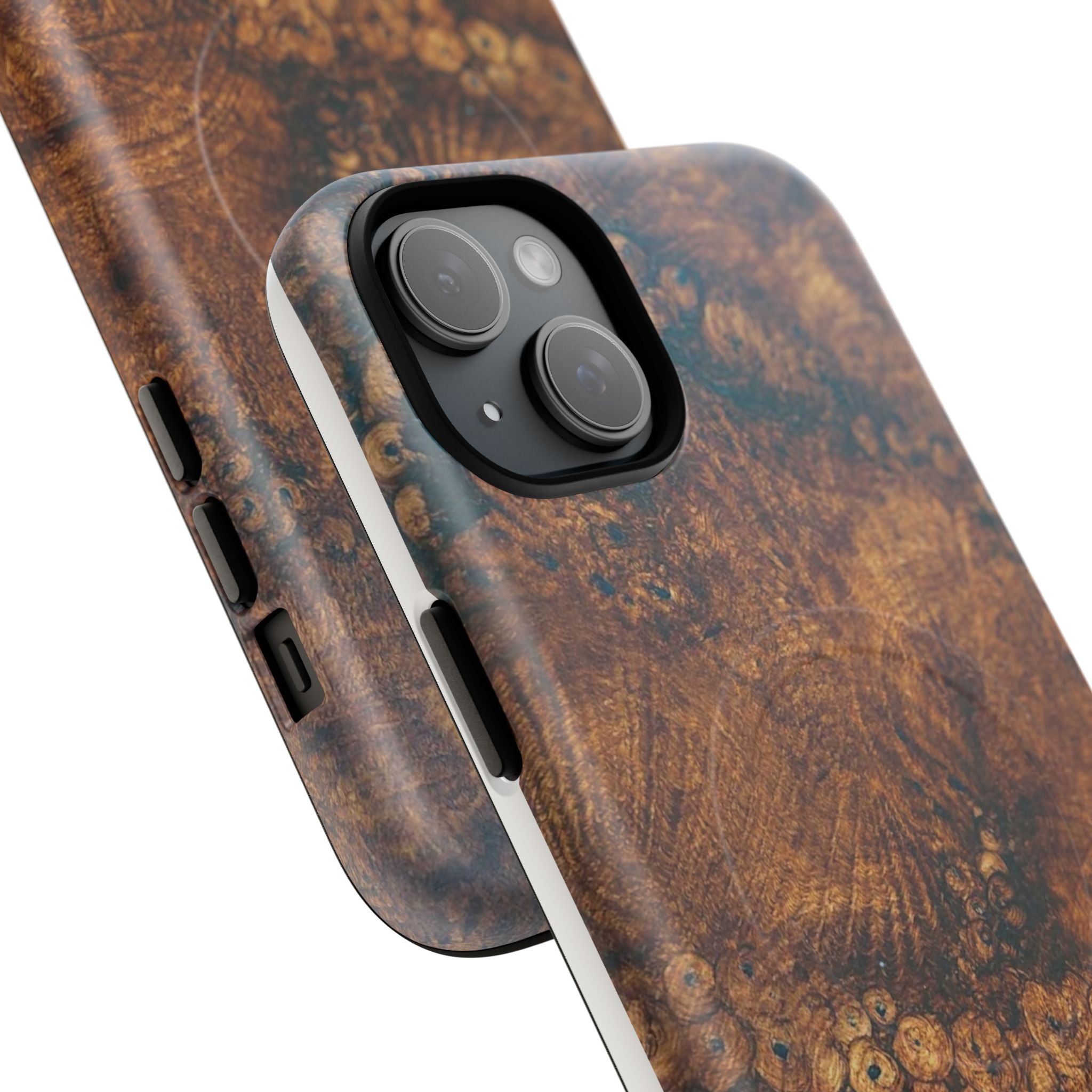 Magnetic iphone case with a natural Burl Wood Design compatible with MagSafe accessories in tough Dual Layer Shell