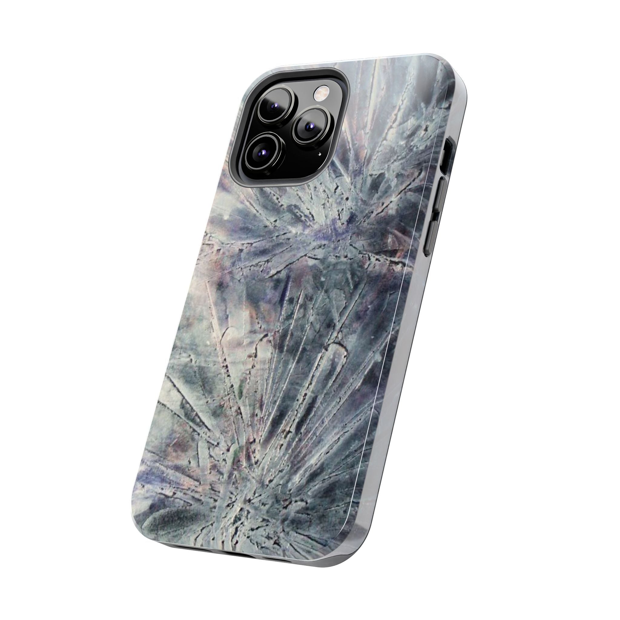 Phone case in abstract bursts of silver crystal design with rubber lining for strong impact and UV protection