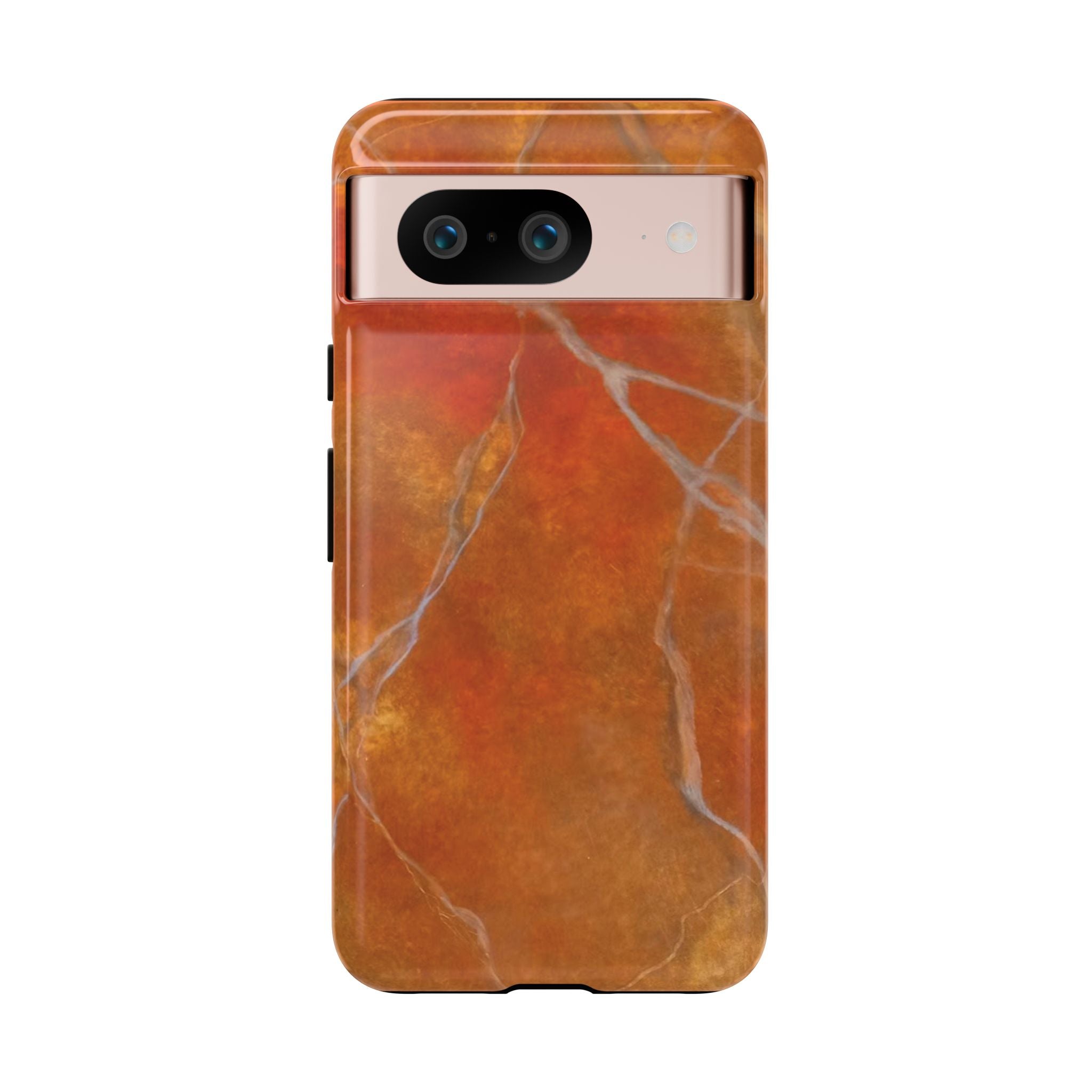 Phone case in sophisticated red orange marble design that is impact resistant tough in glossy or matte finish