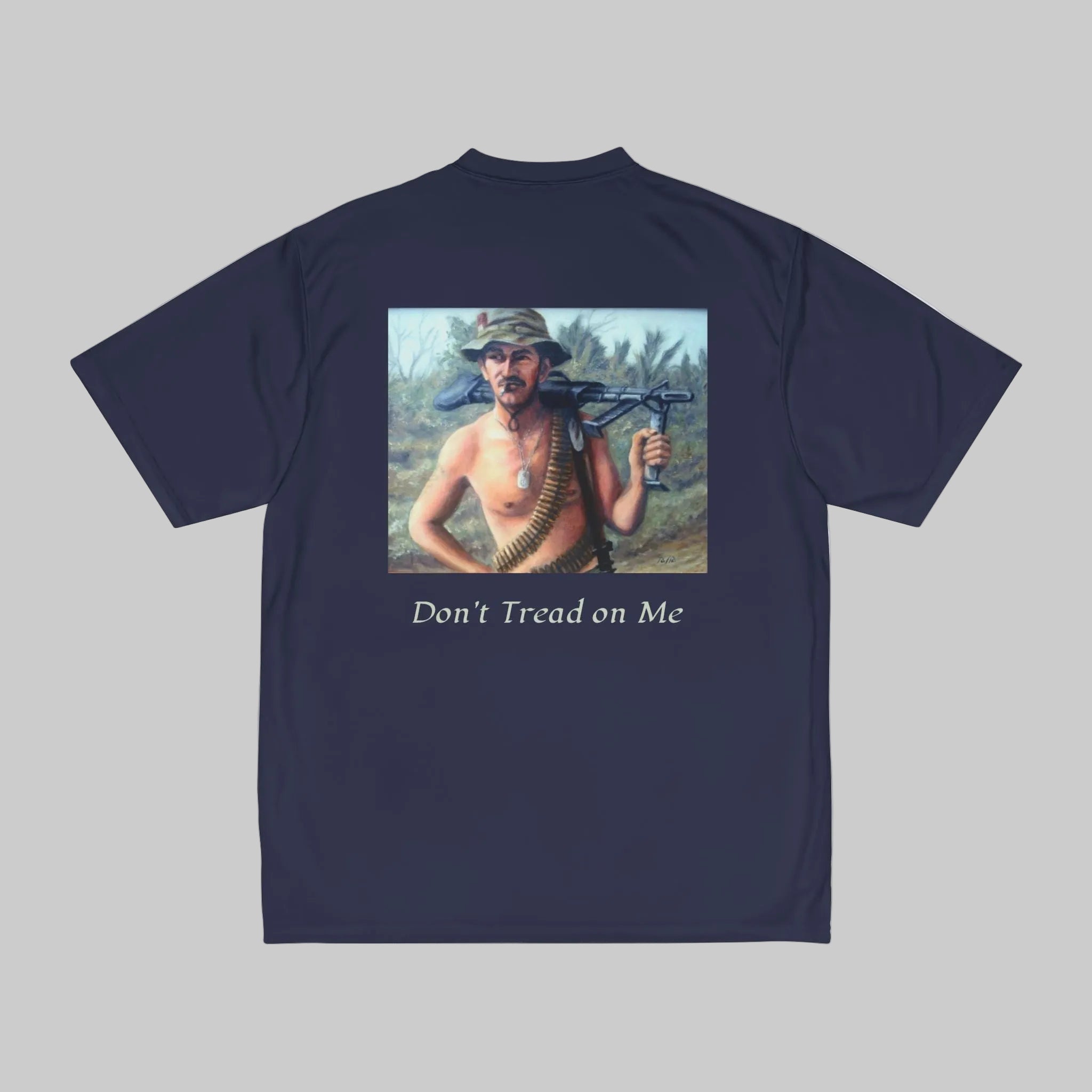 Navy blue t-shirt with a graphic of a man holding a rifle and 'Don't Tread on Me' text on a white background.