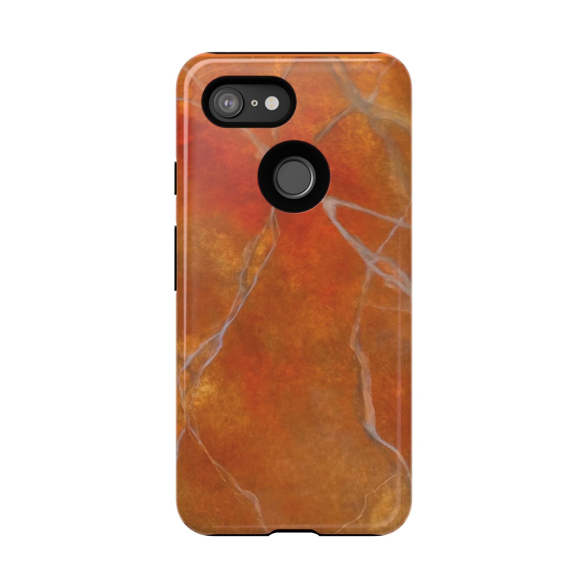 Phone case in sophisticated red orange marble design that is impact resistant tough in glossy or matte finish