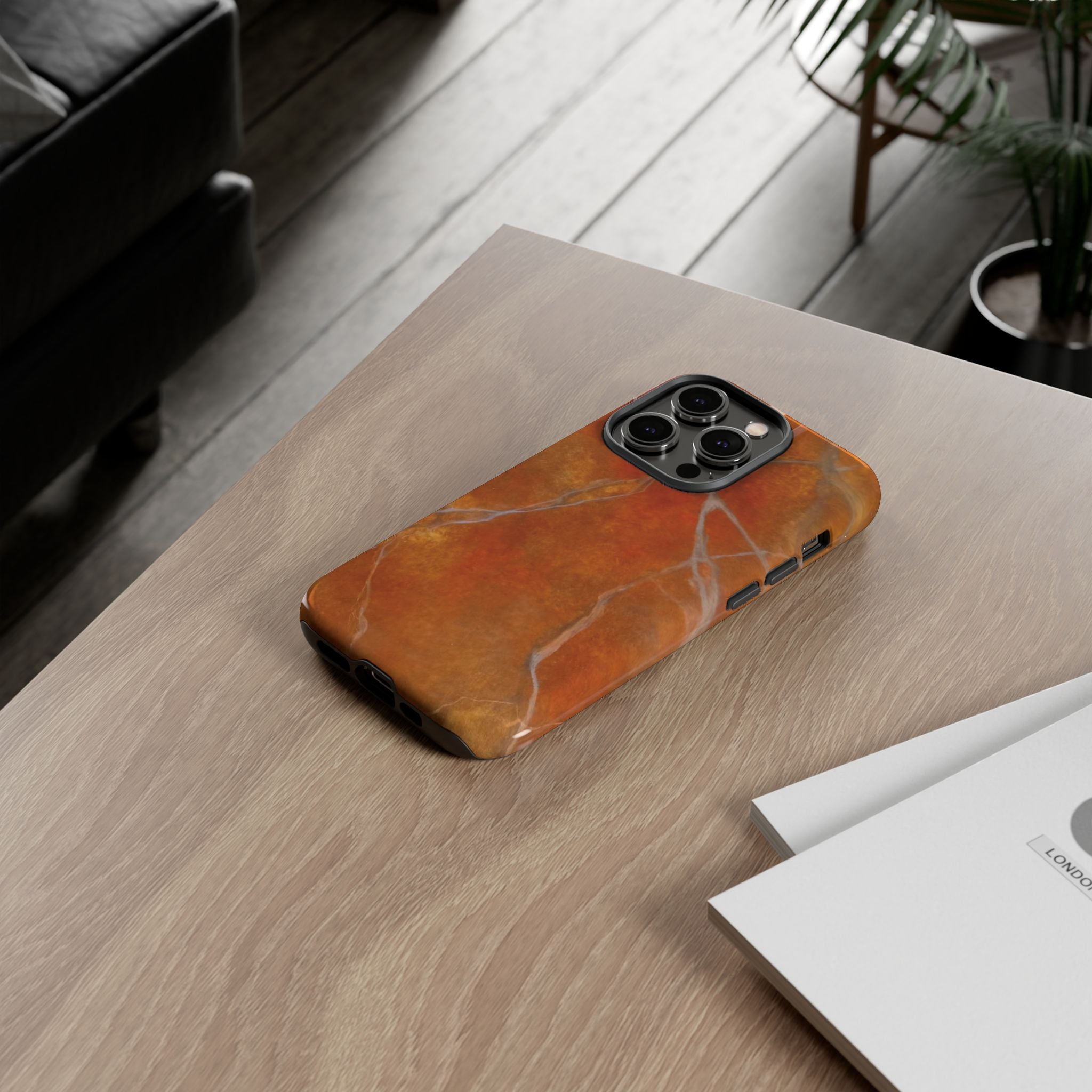 Phone case in sophisticated red orange marble design that is impact resistant tough in glossy or matte finish