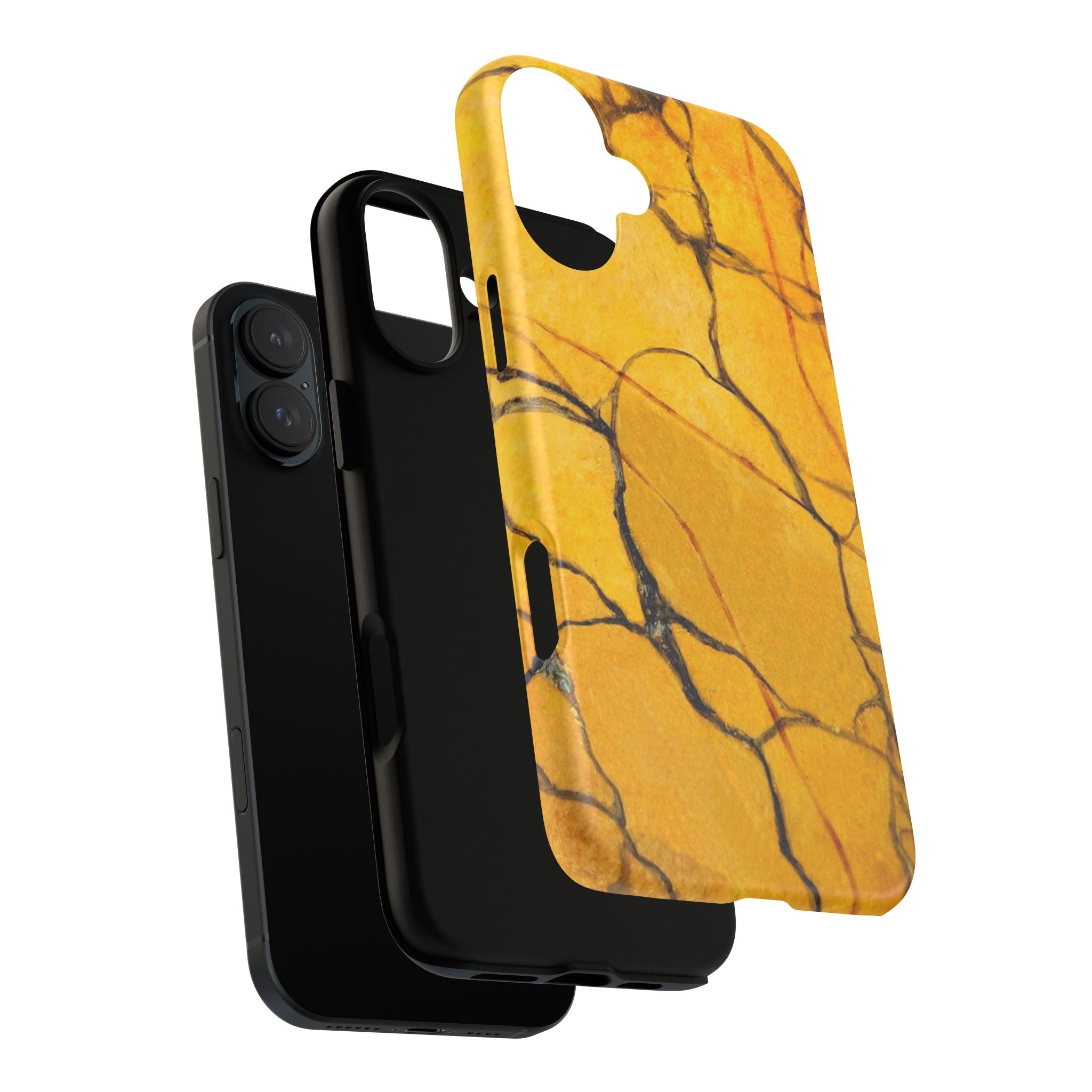 phone case in eye catching gold marble design in glossy or matte finish with silicone lining and hard shell for impact and UV resistance