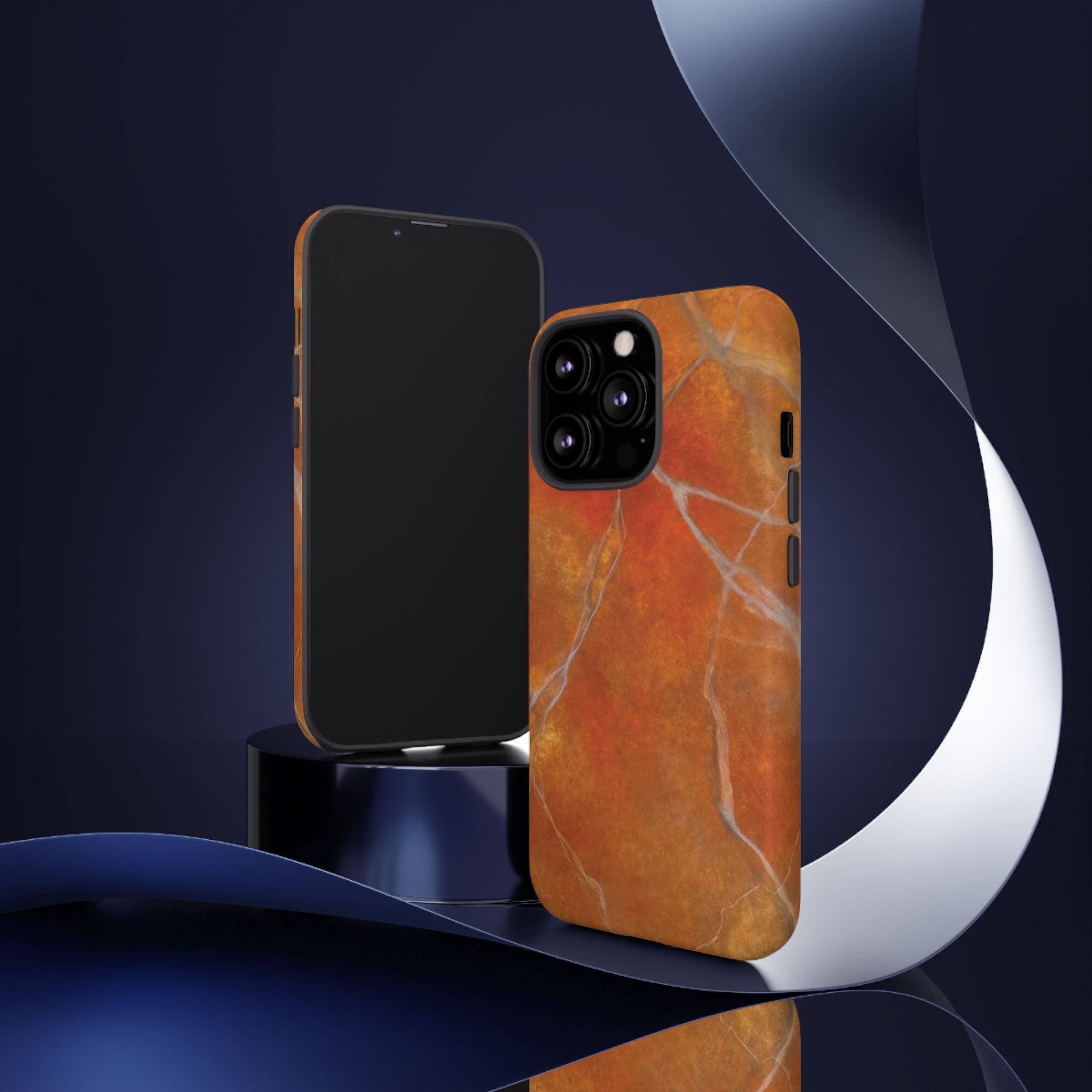 Phone case in sophisticated red orange marble design that is impact resistant tough in glossy or matte finish