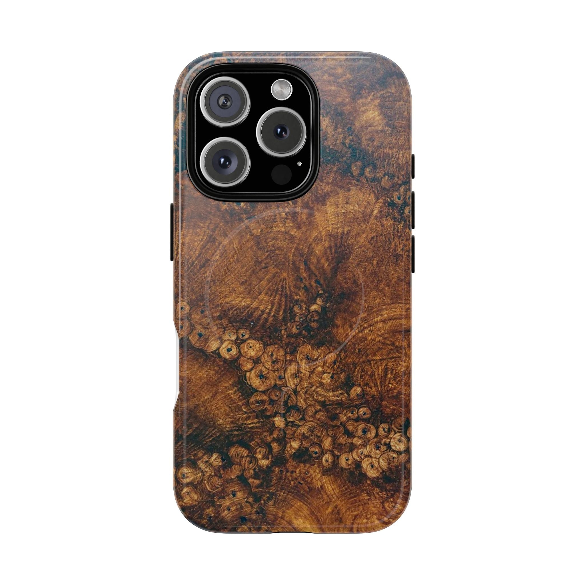 Magnetic iphone case with a natural Burl Wood Design compatible with MagSafe accessories in tough Dual Layer Shell
