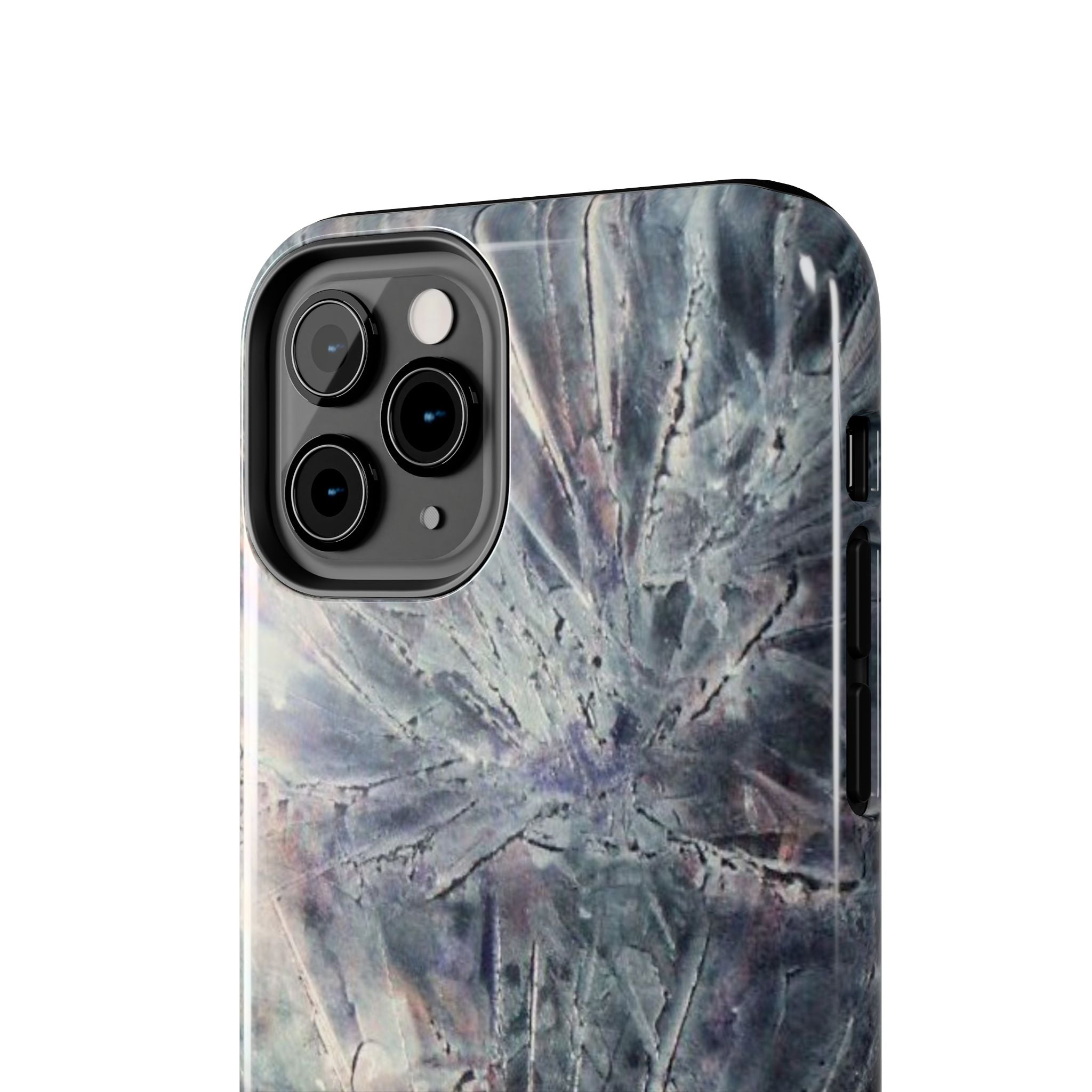 Phone case in abstract bursts of silver crystal design with rubber lining for strong impact and UV protection