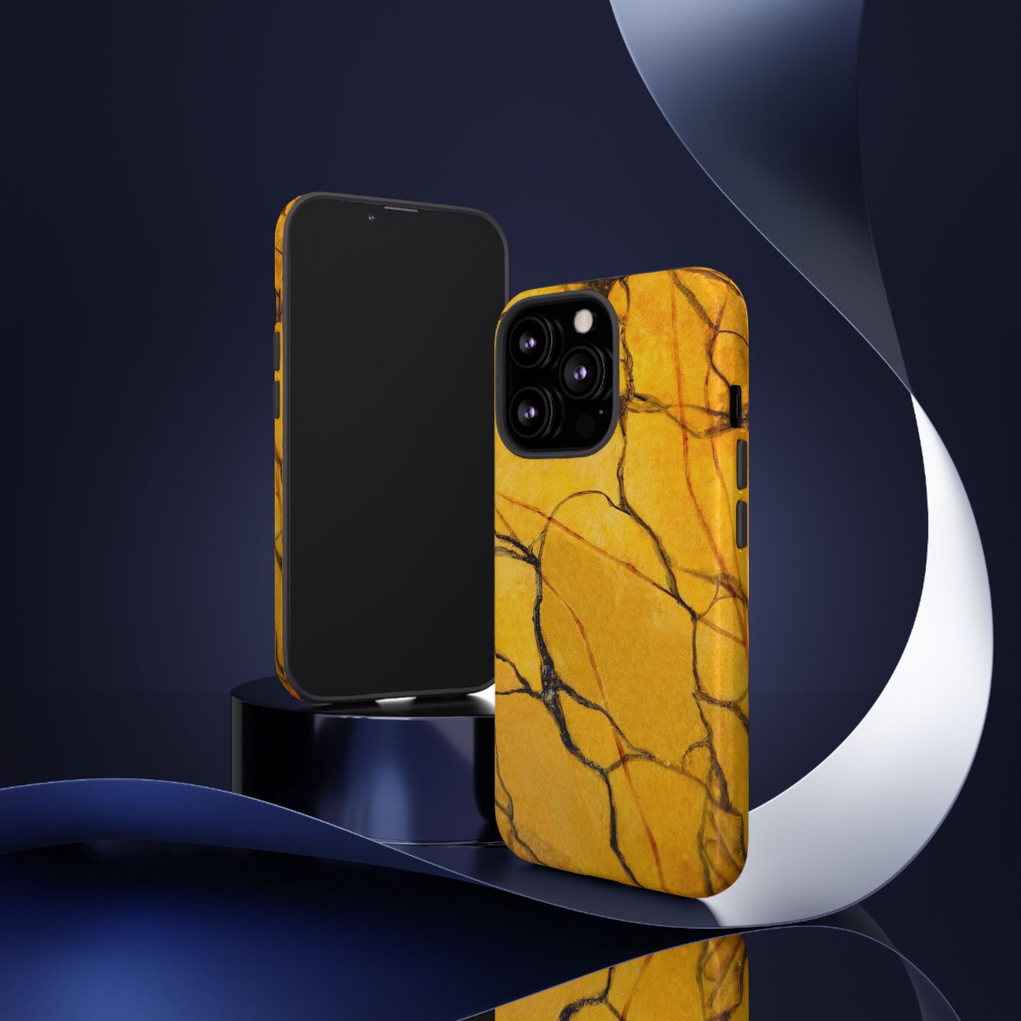 phone case in eye catching gold marble design in glossy or matte finish with silicone lining and hard shell for impact and UV resistance
