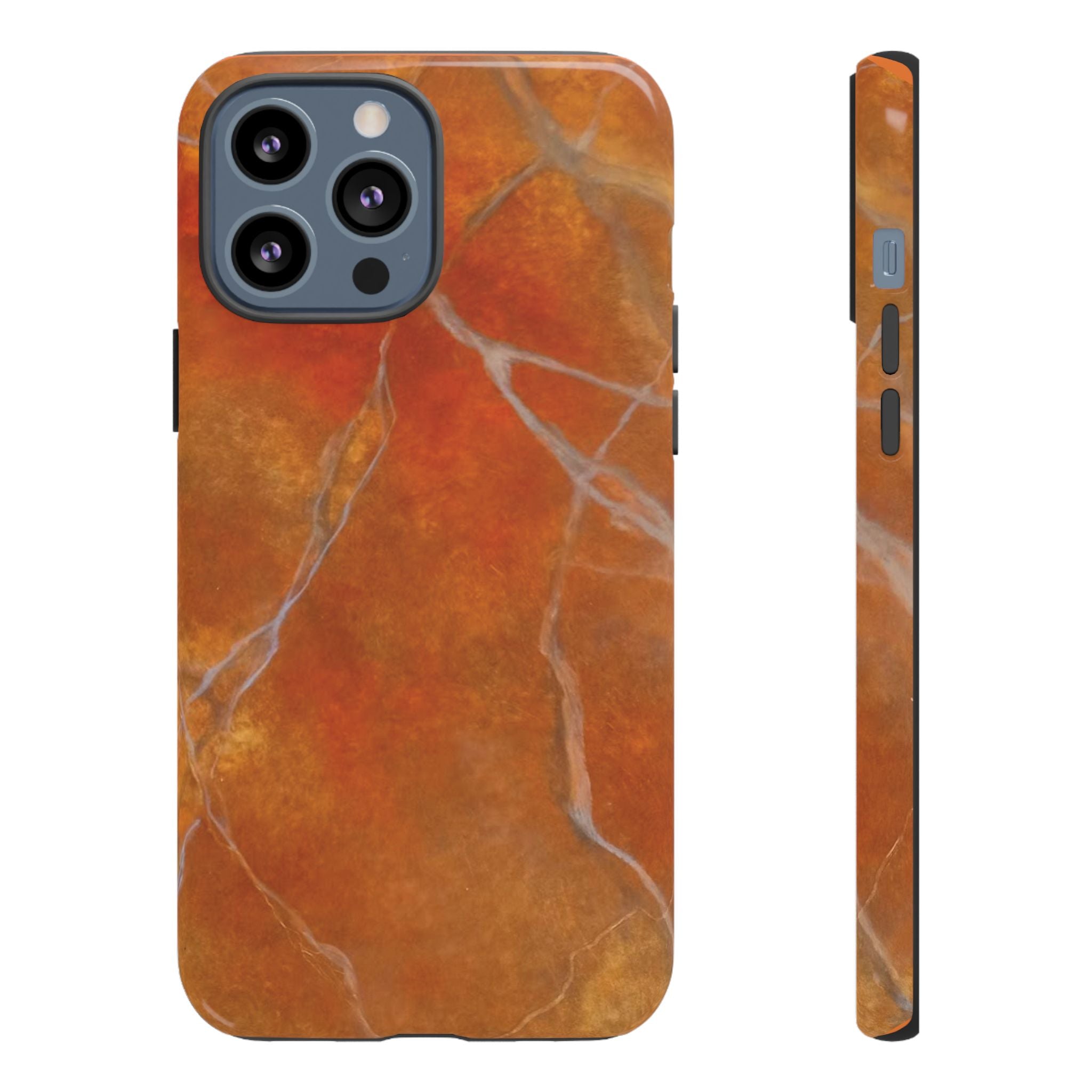 Phone case in sophisticated red orange marble design that is impact resistant tough in glossy or matte finish