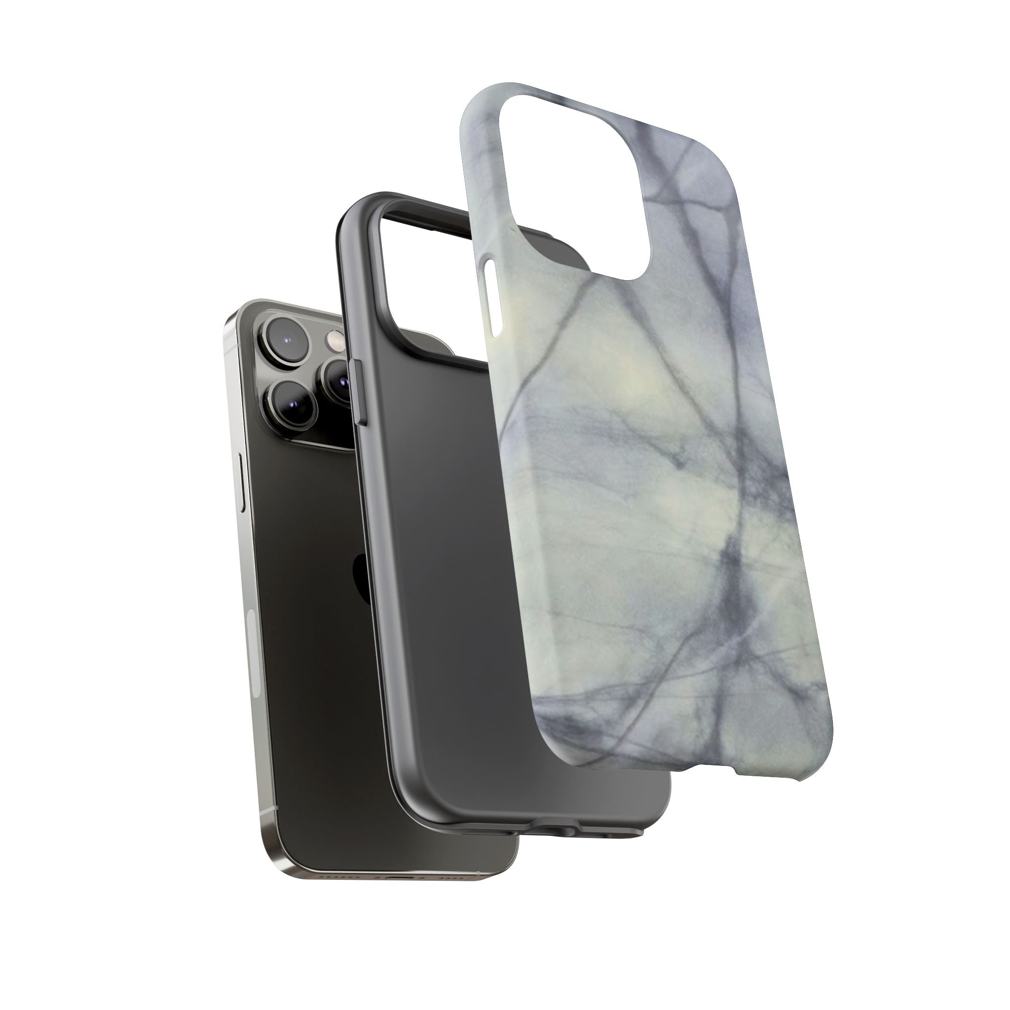 Phone case in impressive grey marble design with shock absorbing dual layer shell and UV resistance in 3D wrap