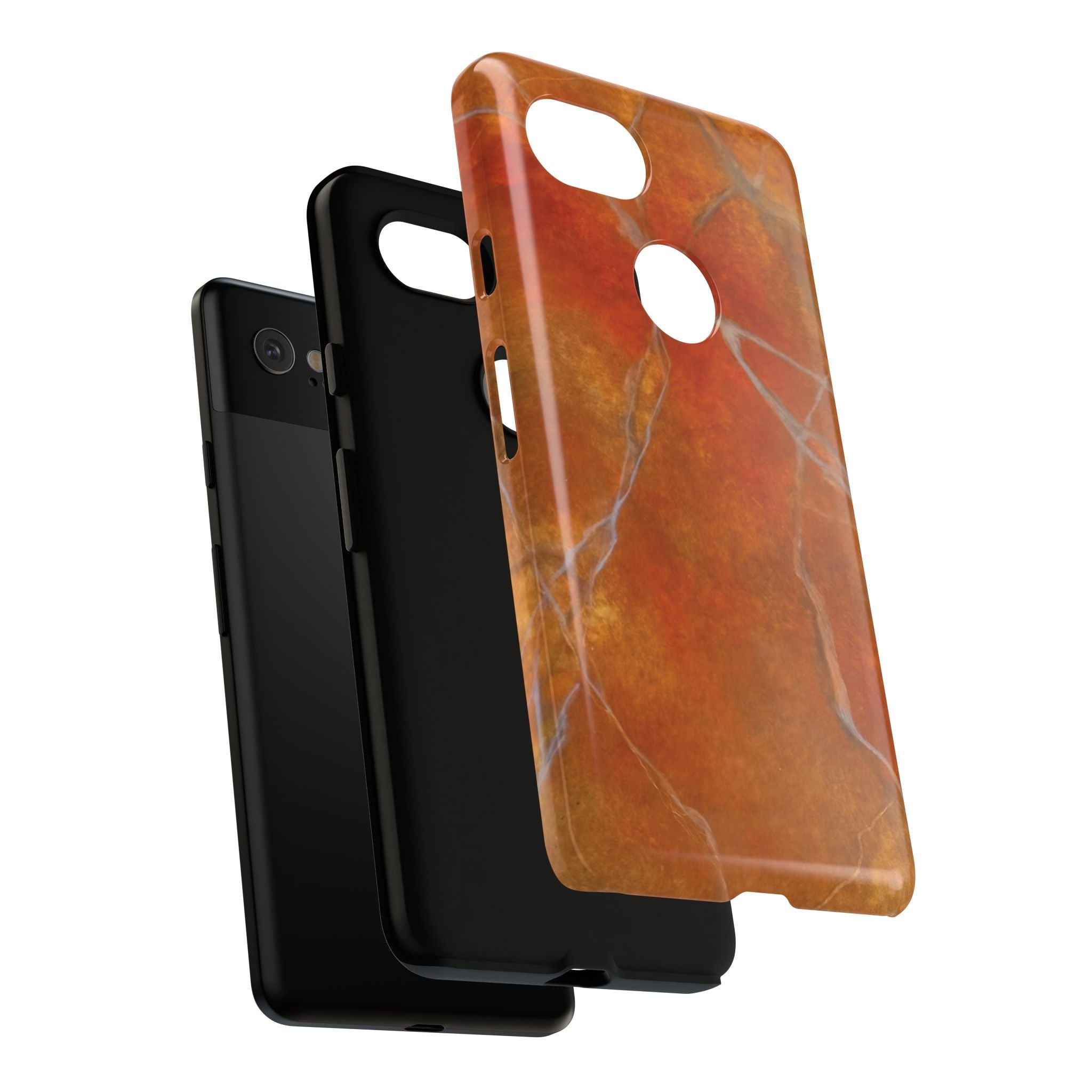 Phone case in sophisticated red orange marble design that is impact resistant tough in glossy or matte finish